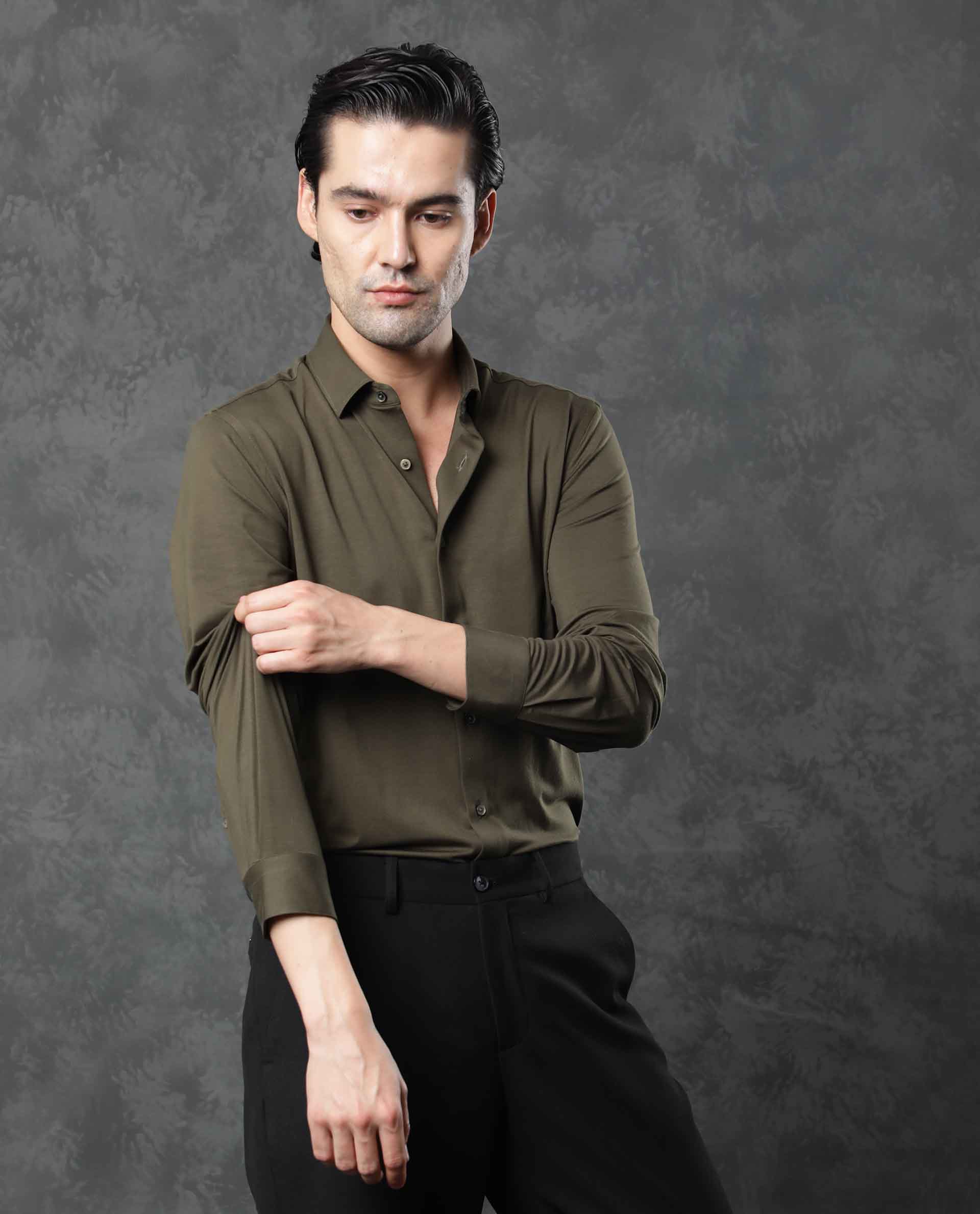 Rare Rabbit Men's Zac Olive Rayon Plain Tailored Fit Full Sleeve Collared Shirt - Image 5