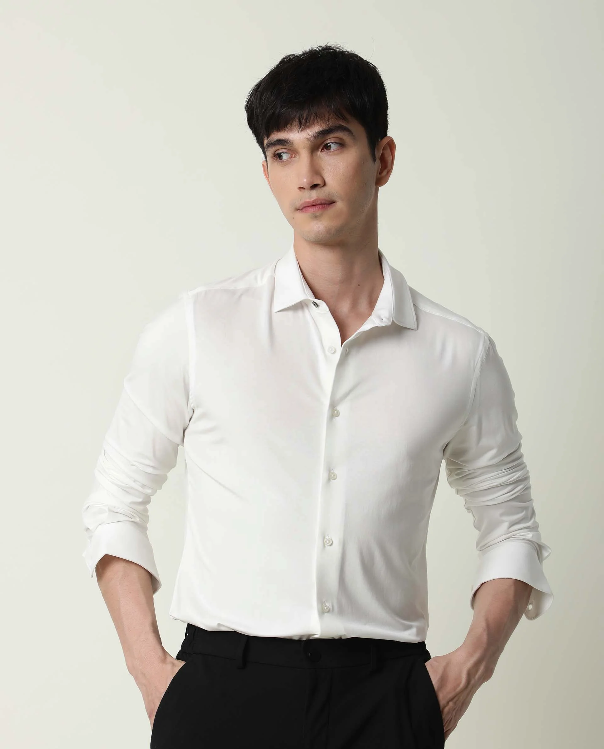 Rare Rabbit Men's Zac White Rayon Plain Tailored Fit Full Sleeve Collared Shirt - Image 3