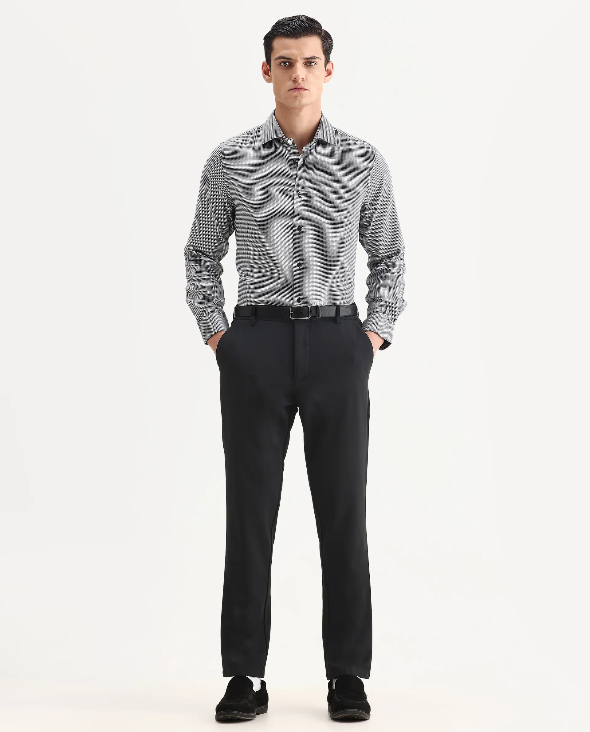 Rare Rabbit Men's Zack Black Cotton Fabric Collared Neck Regular Fit Jacquard Shirt - Image 2