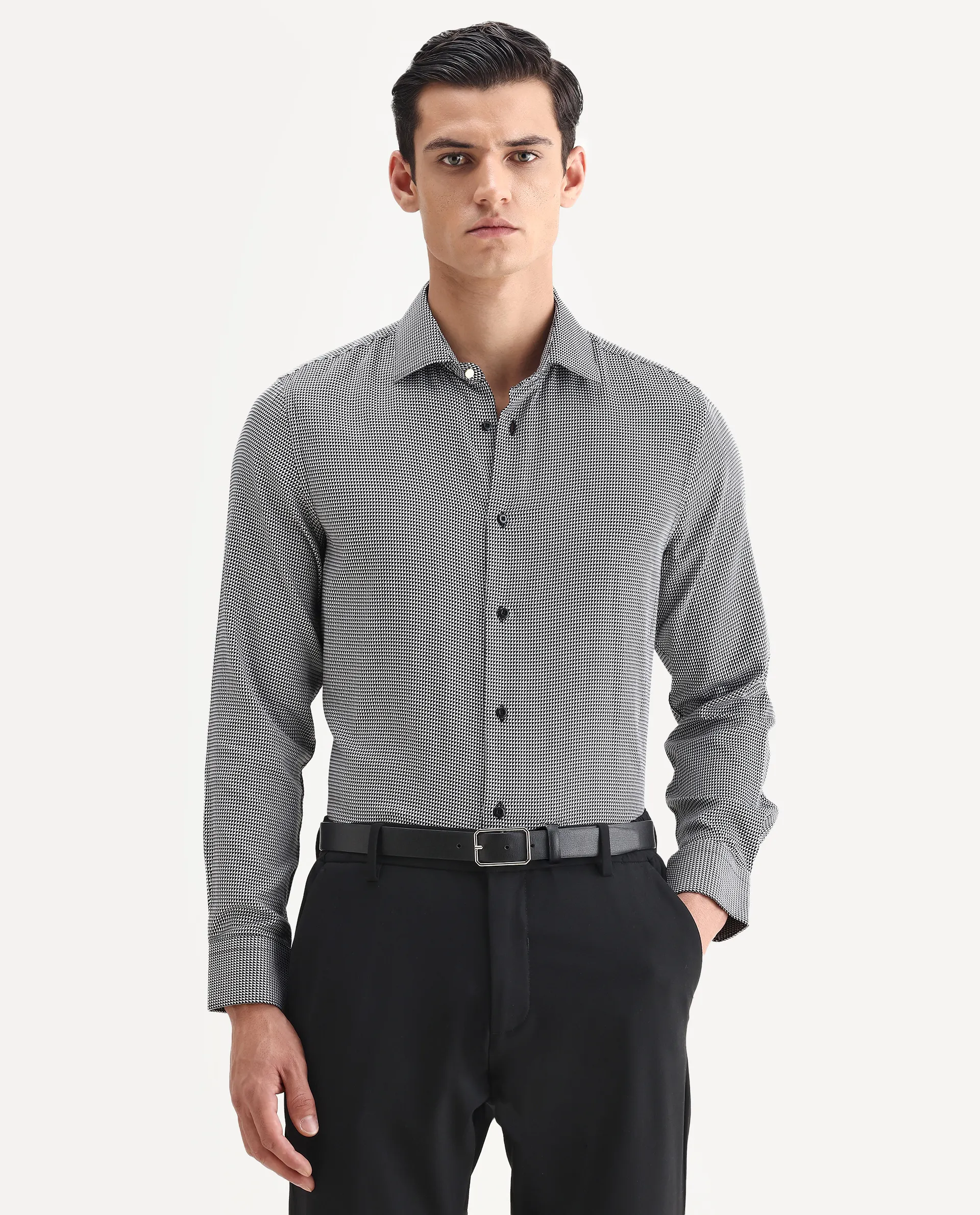 Rare Rabbit Men's Zack Black Cotton Fabric Collared Neck Regular Fit Jacquard Shirt - Image 4
