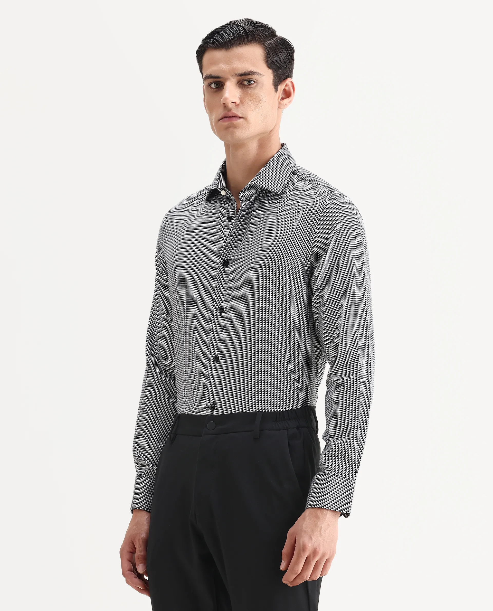 Rare Rabbit Men's Zack Black Cotton Fabric Collared Neck Regular Fit Jacquard Shirt - Image 5