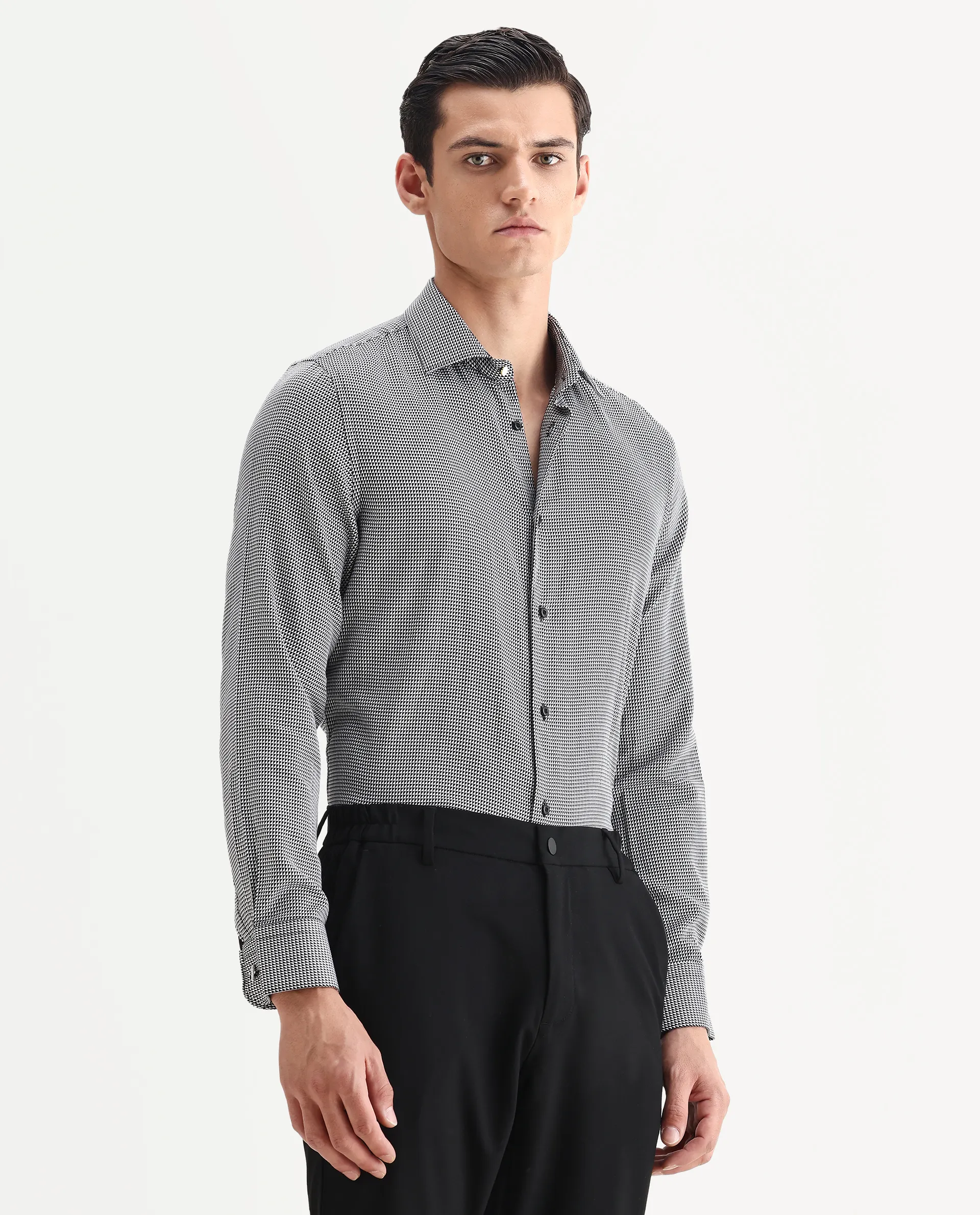 Rare Rabbit Men's Zack Black Cotton Fabric Collared Neck Regular Fit Jacquard Shirt - Image 6
