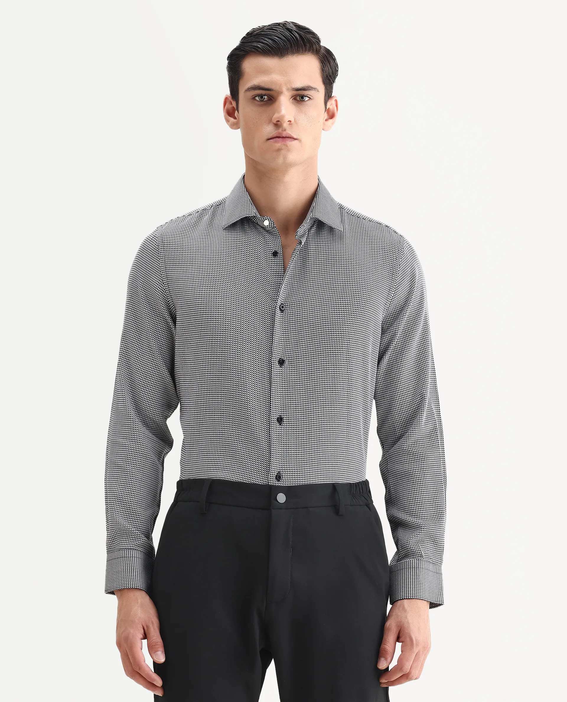 Rare Rabbit Men's Zack Black Cotton Fabric Collared Neck Regular Fit Jacquard Shirt - Image 8