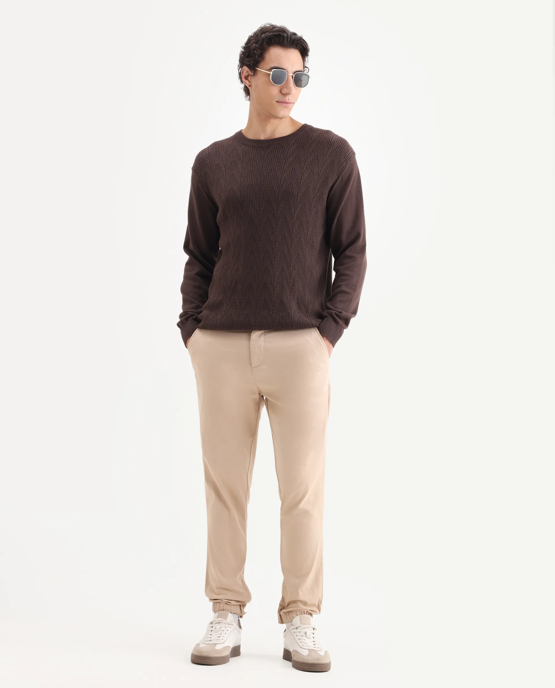 Rare Rabbit Men's Zade Khaki Cotton Blend Plain Regular Fit Trouser