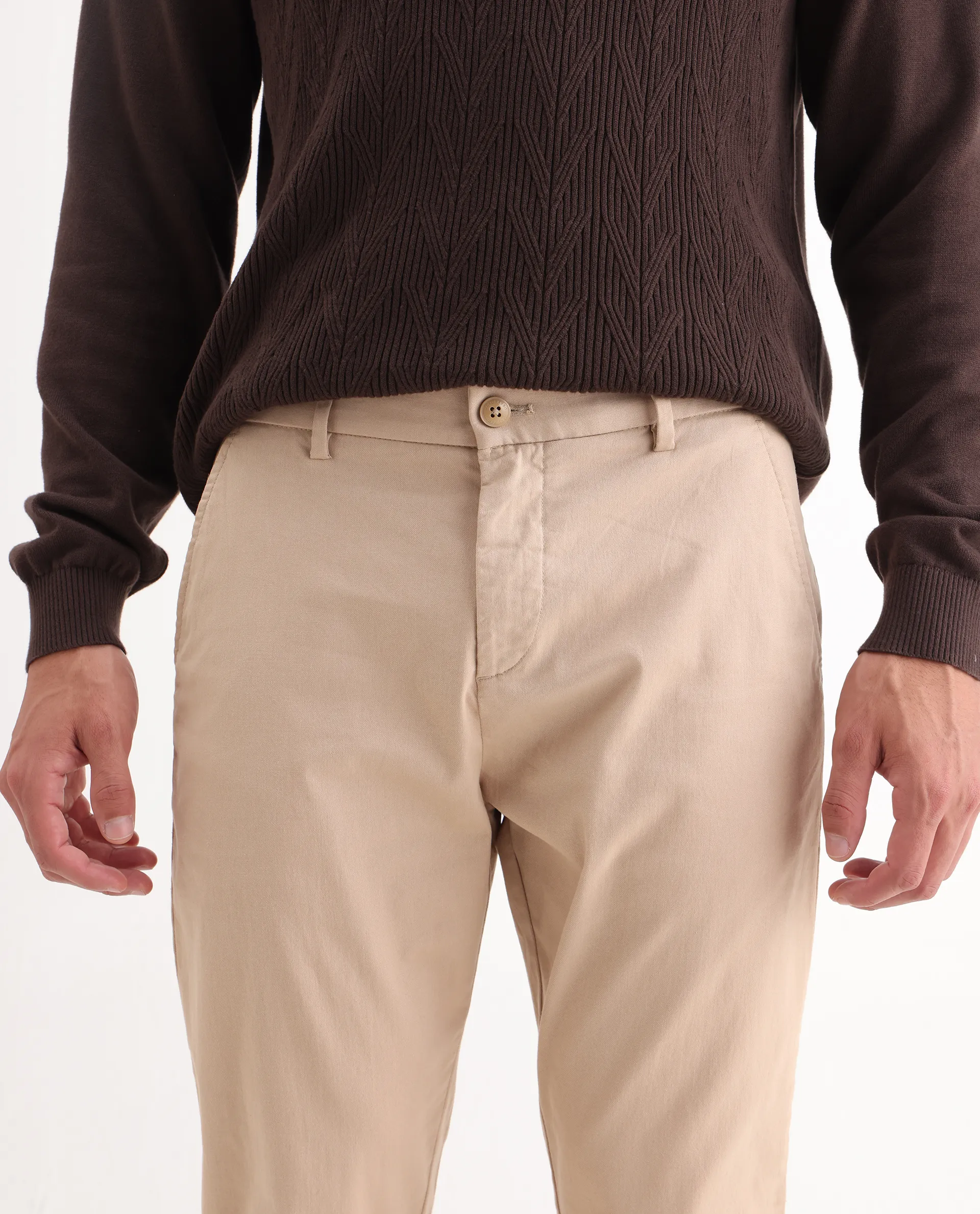 Rare Rabbit Men's Zade Khaki Cotton Blend Plain Regular Fit Trouser - Image 3