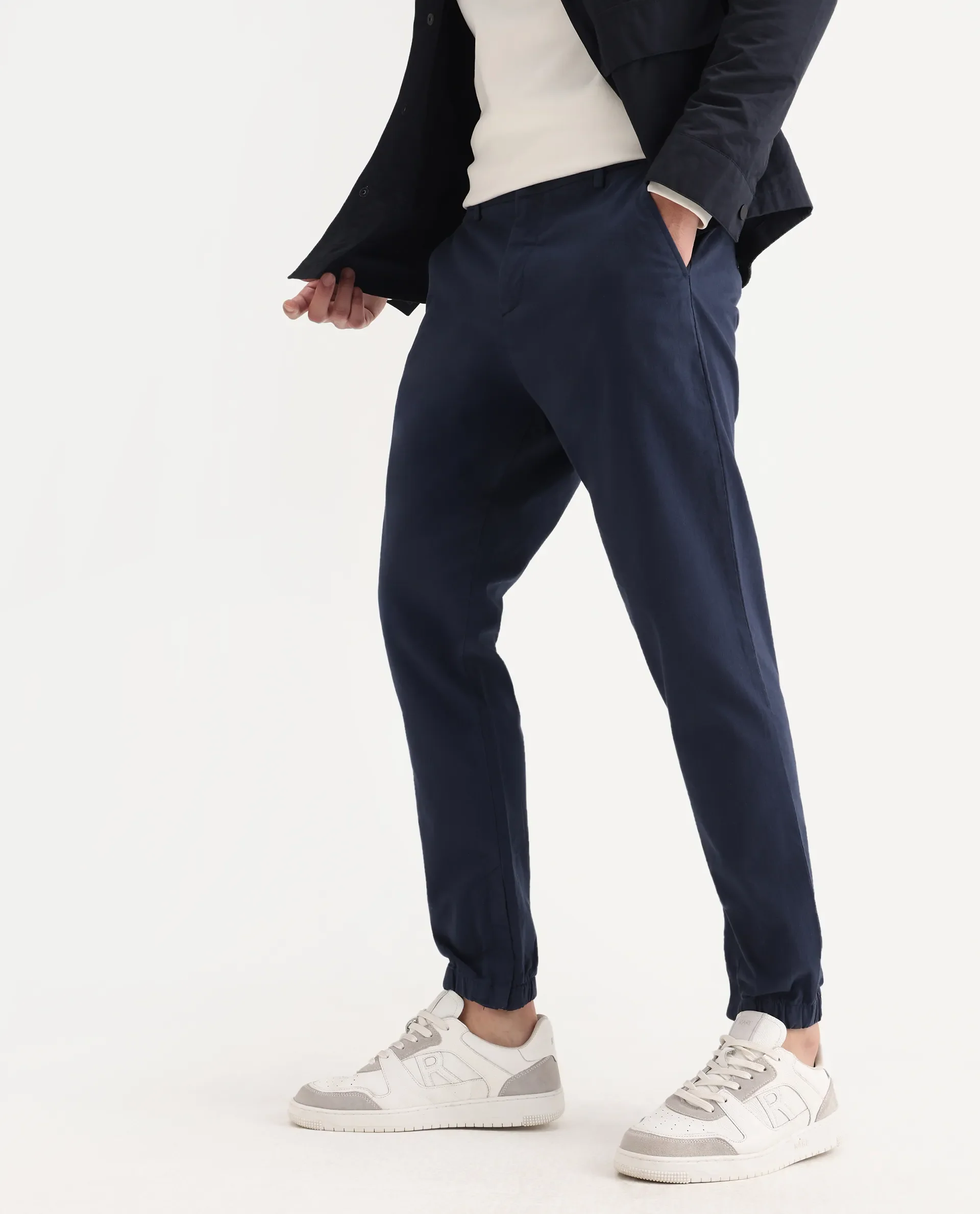 Rare Rabbit Men's Zade Navy Cotton Blend Plain Regular Fit Trouser - Image 2