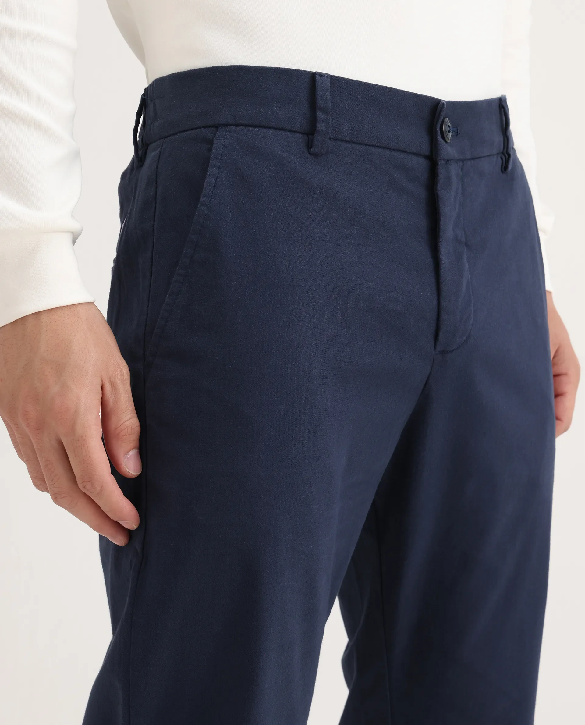 Rare Rabbit Men's Zade Navy Cotton Blend Plain Regular Fit Trouser - Image 3