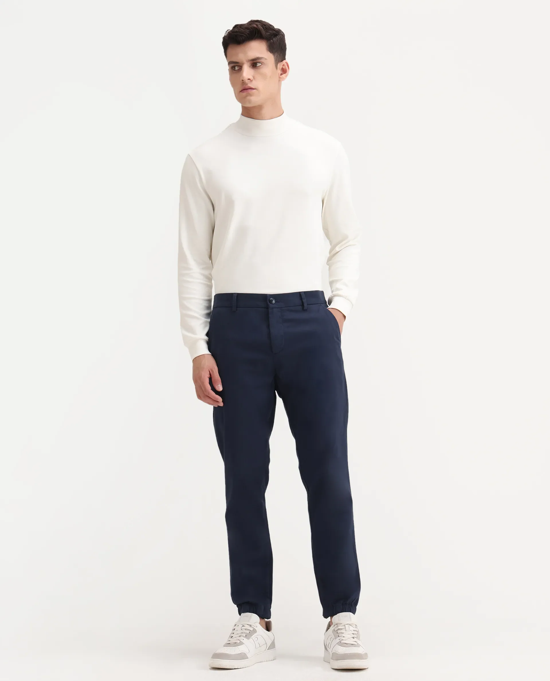 Rare Rabbit Men's Zade Navy Cotton Blend Plain Regular Fit Trouser - Image 4