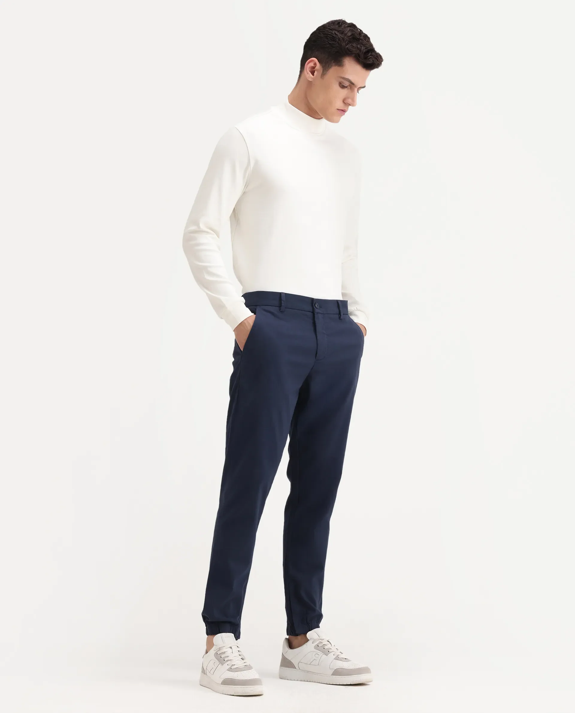 Rare Rabbit Men's Zade Navy Cotton Blend Plain Regular Fit Trouser - Image 5