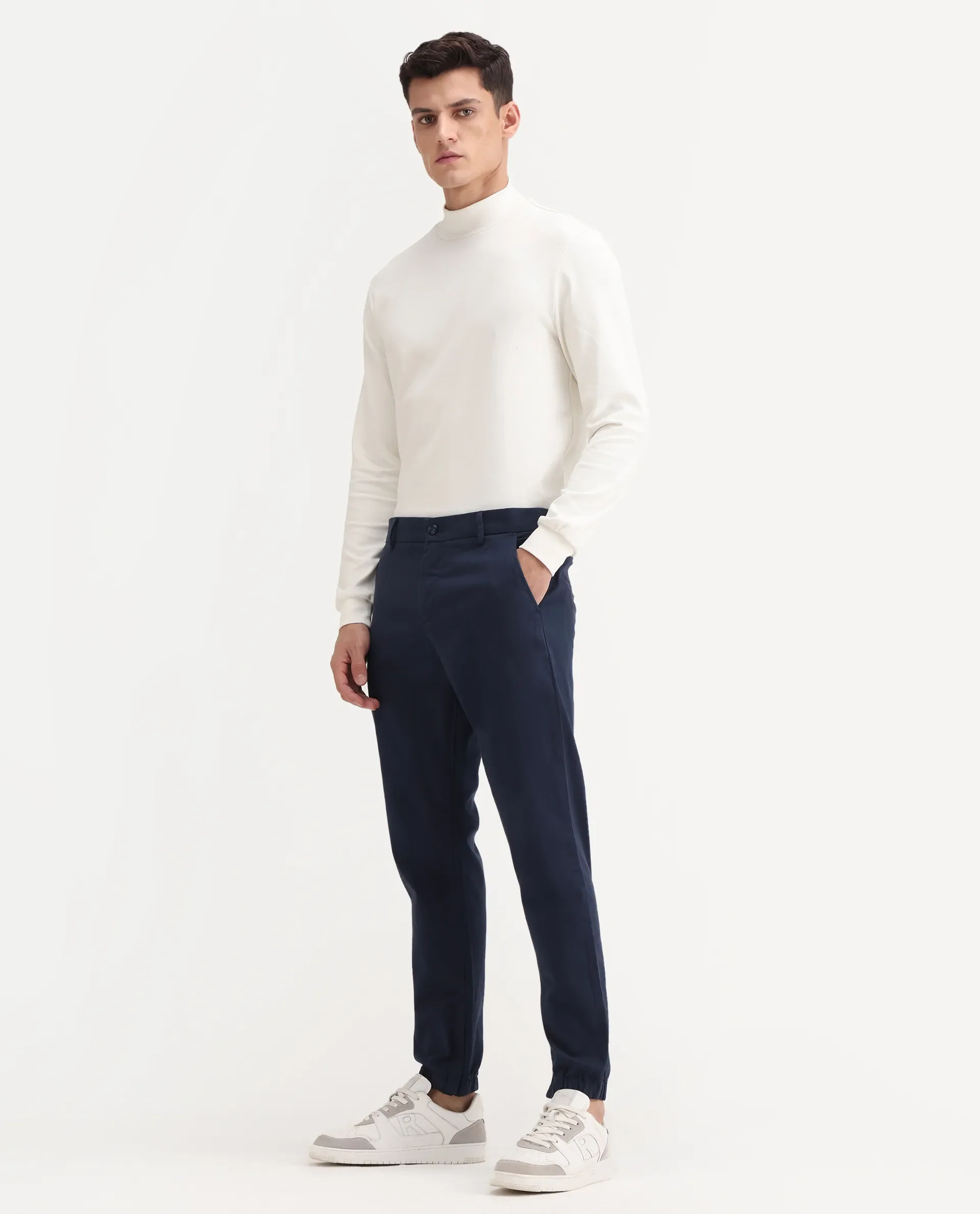 Rare Rabbit Men's Zade Navy Cotton Blend Plain Regular Fit Trouser - Image 6
