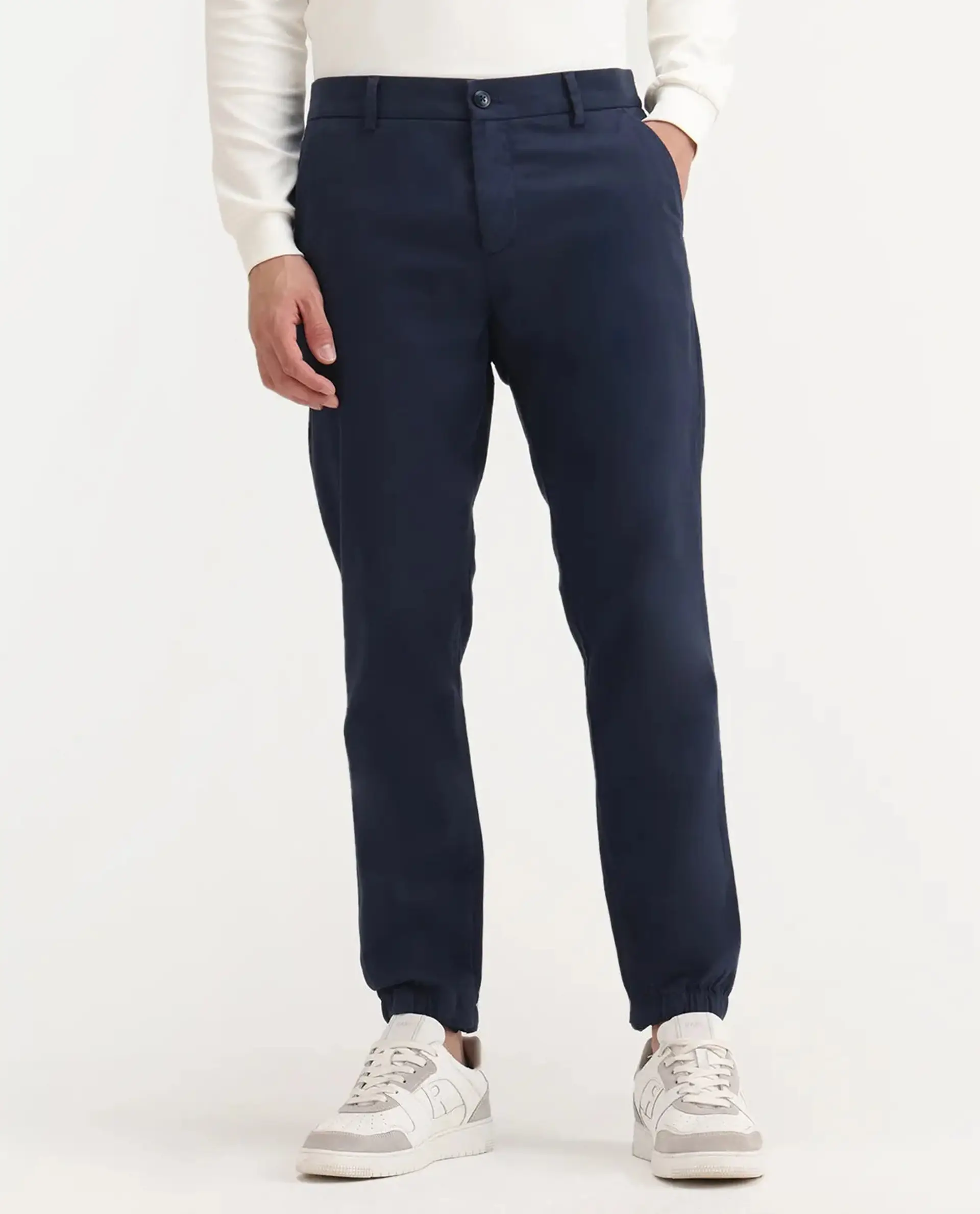 Rare Rabbit Men's Zade Navy Cotton Blend Plain Regular Fit Trouser - Image 9