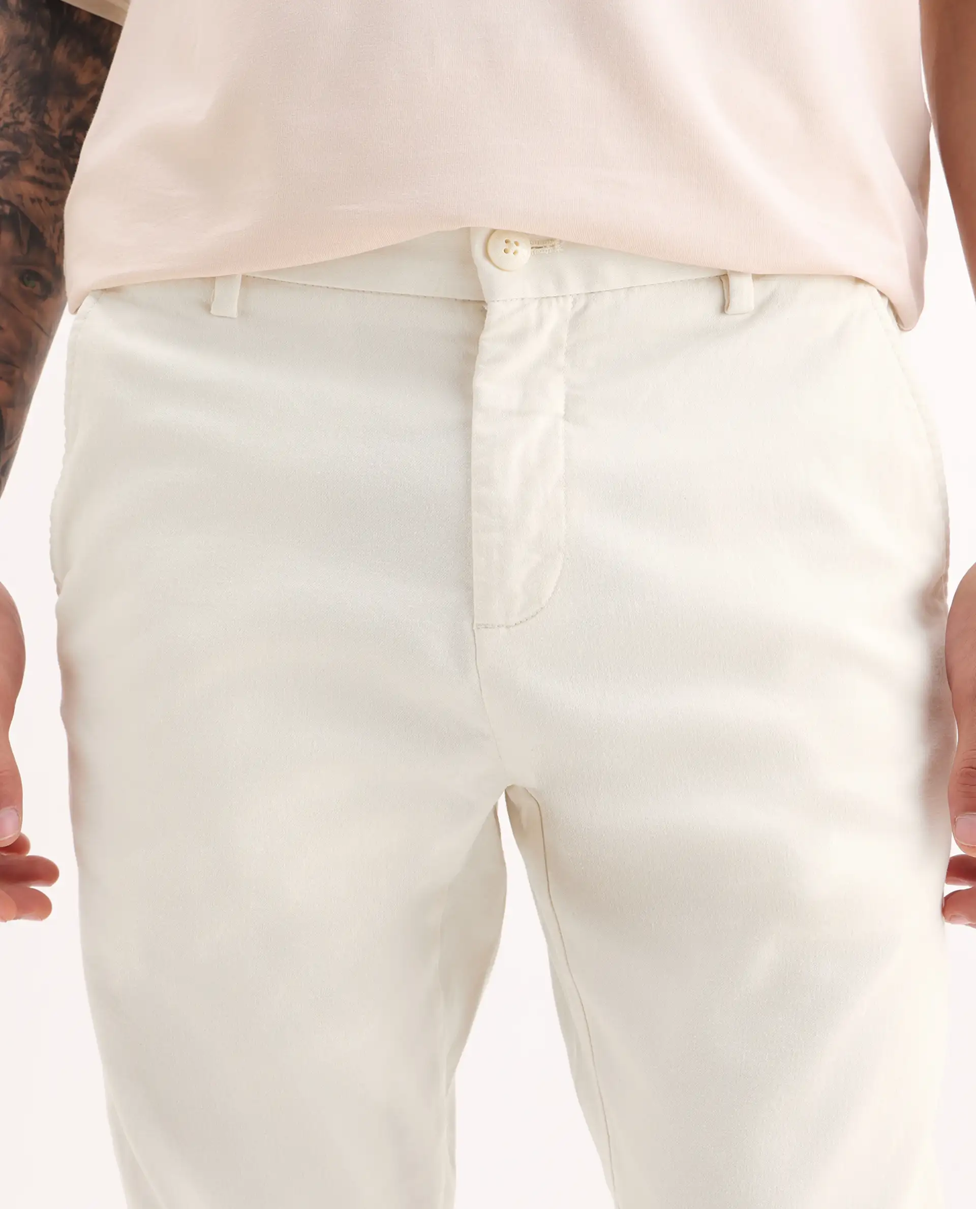 Rare Rabbit Men's Zade White Cotton Blend Plain Regular Fit Trouser - Image 3