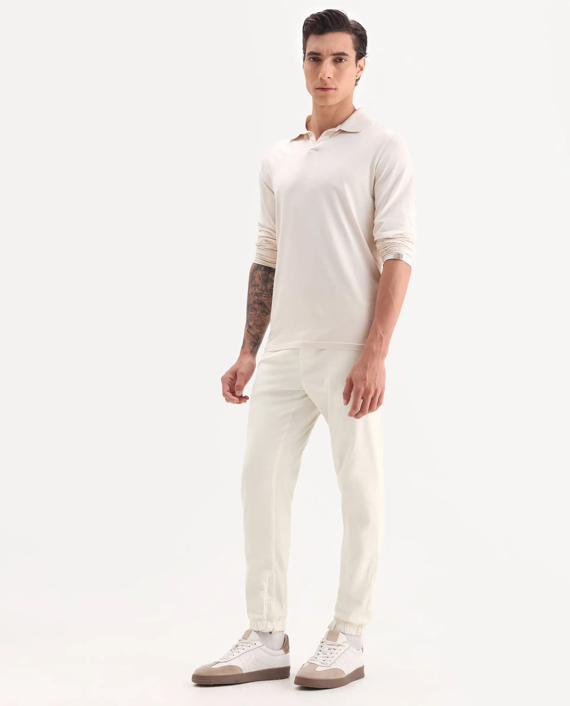 Rare Rabbit Men's Zade White Cotton Blend Plain Regular Fit Trouser - Image 5