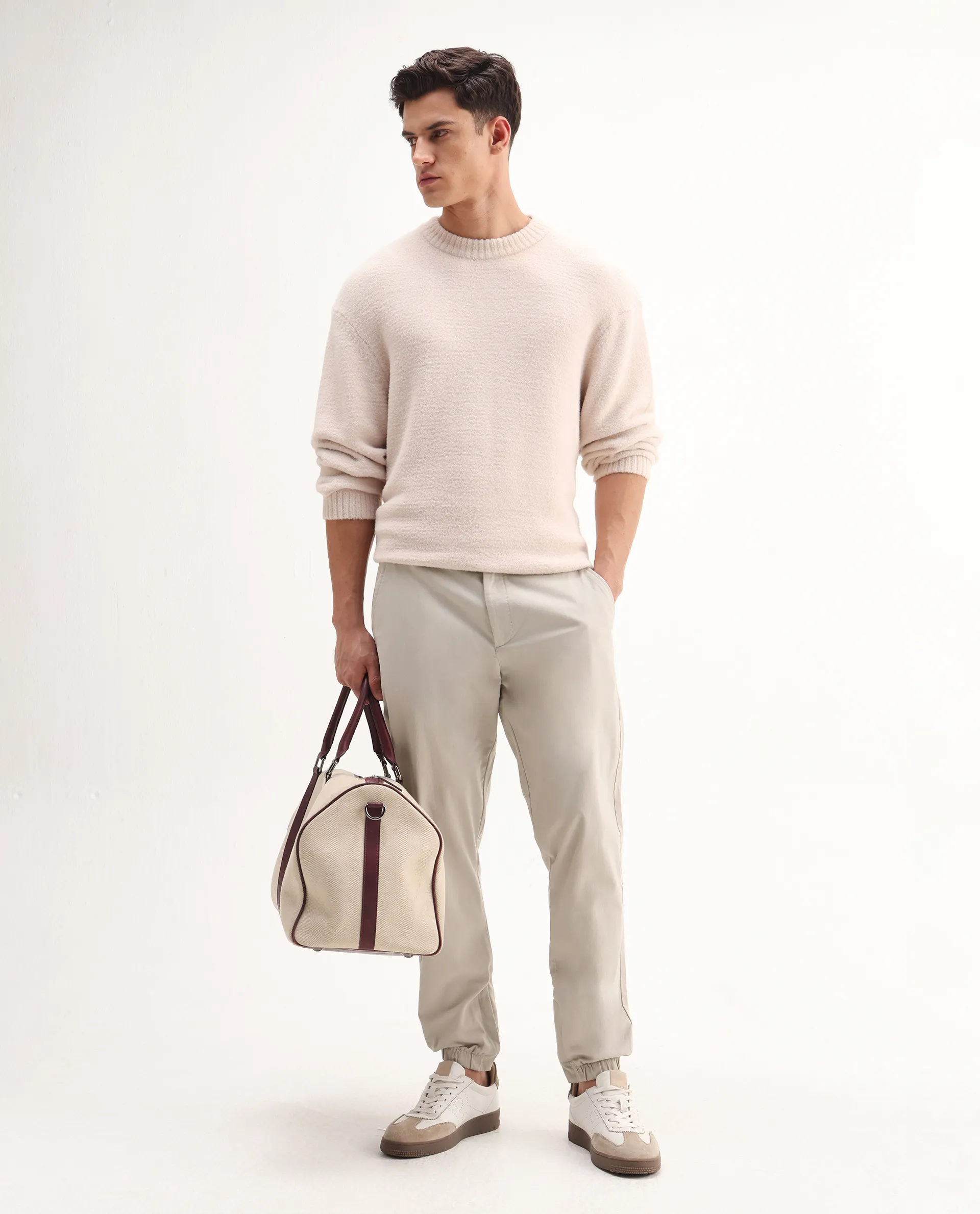 Rare Rabbit Men's Zade-N Light Beige Cotton Blend Plain Regular Fit Trouser