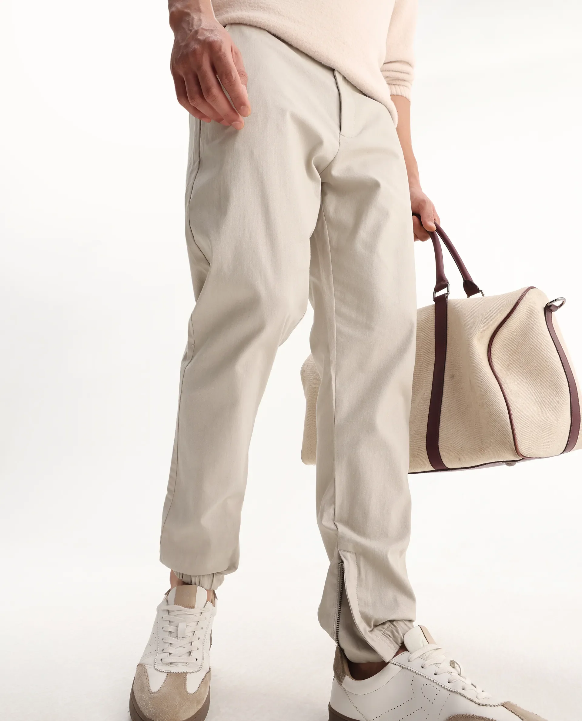 Rare Rabbit Men's Zade-N Light Beige Cotton Blend Plain Regular Fit Trouser - Image 2