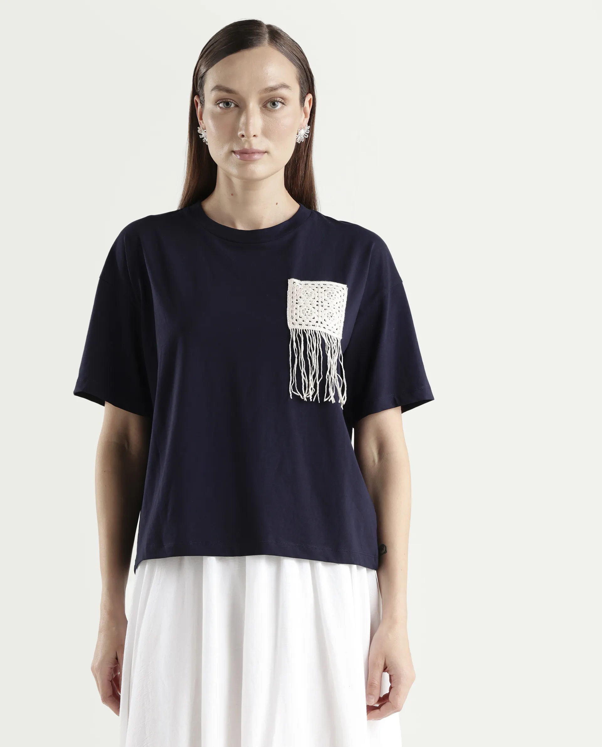 Rareism Women's Zadil Navy Cotton Blend Half Sleeve Boxy Plain T-Shirt - Image 3