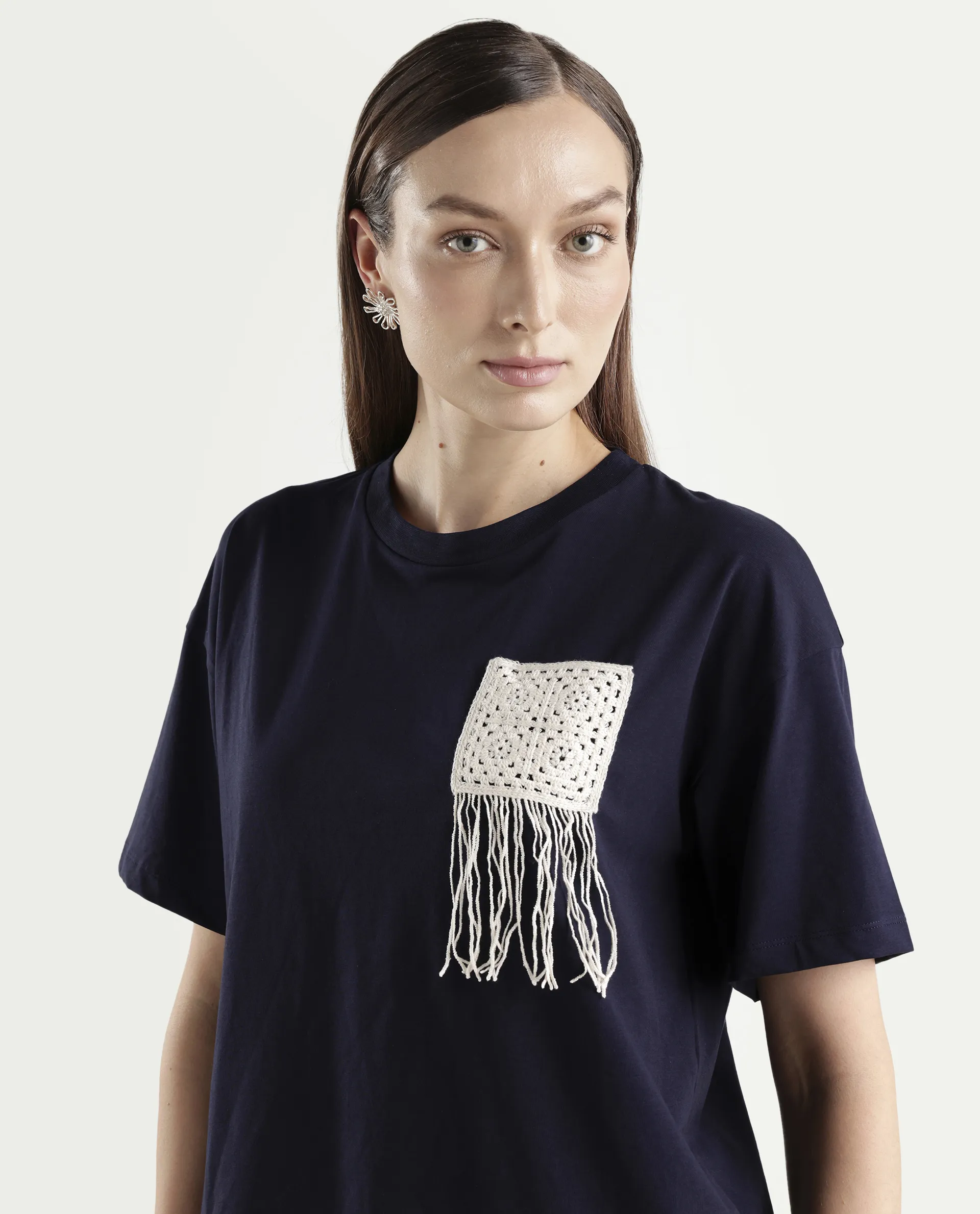 Rareism Women's Zadil Navy Cotton Blend Half Sleeve Boxy Plain T-Shirt - Image 4