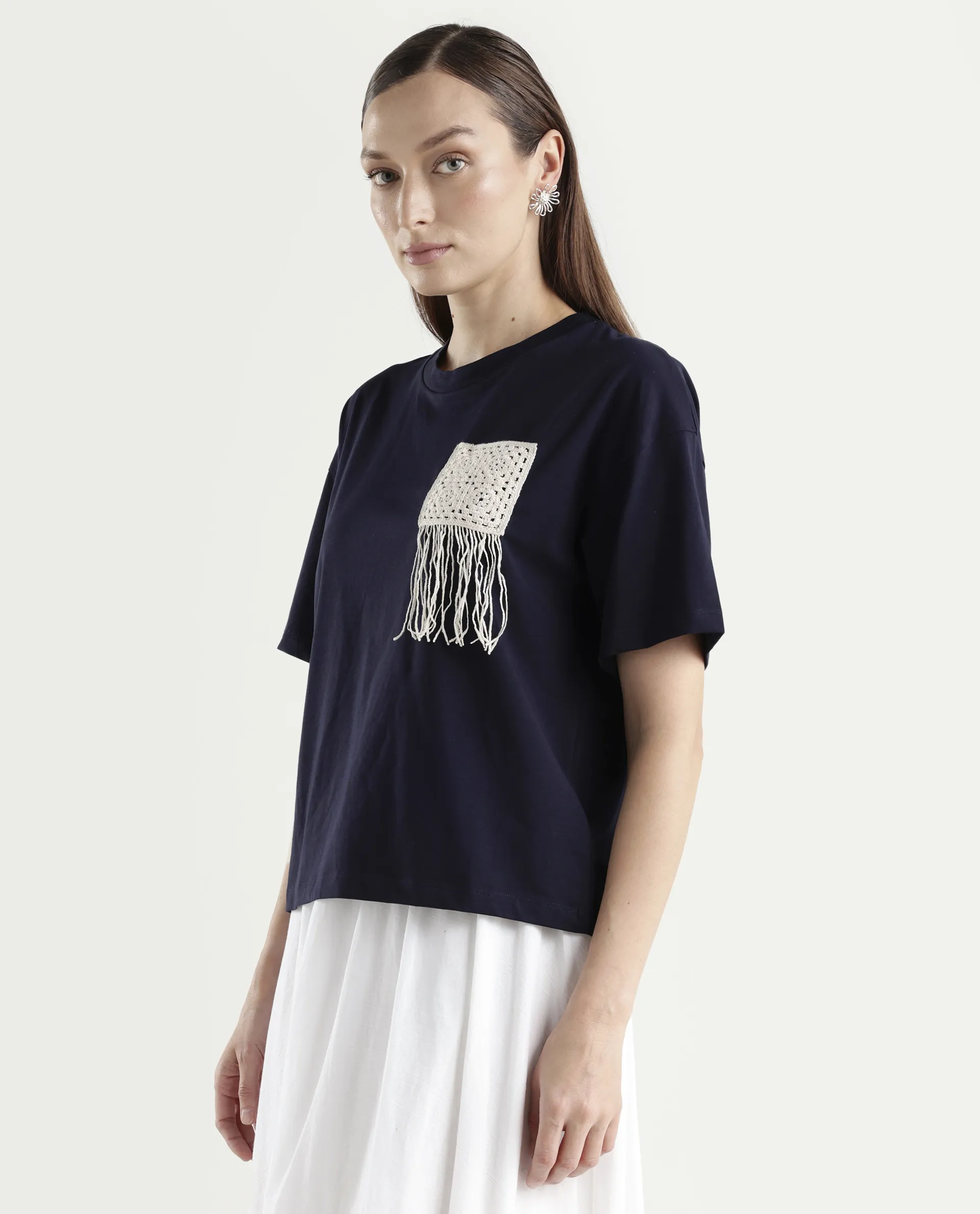 Rareism Women's Zadil Navy Cotton Blend Half Sleeve Boxy Plain T-Shirt - Image 5