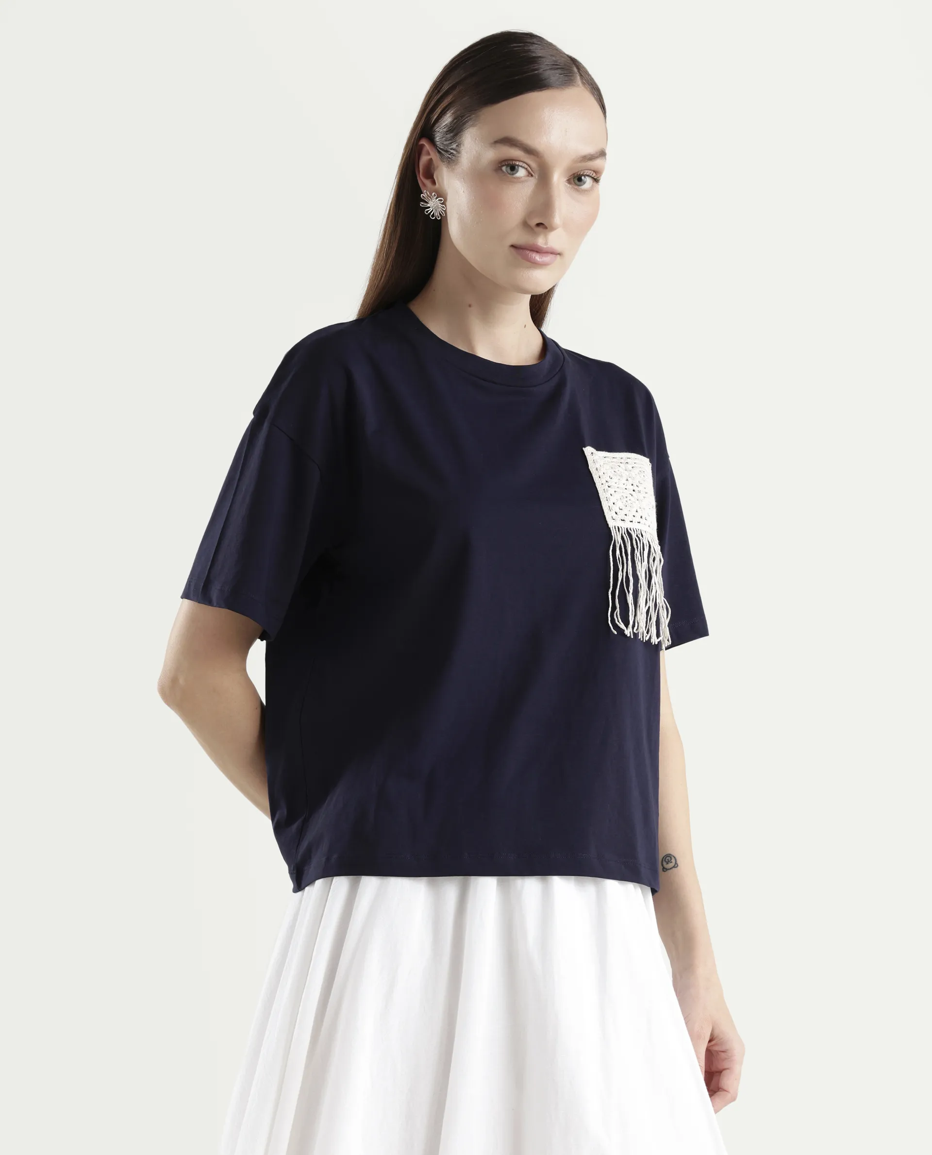 Rareism Women's Zadil Navy Cotton Blend Half Sleeve Boxy Plain T-Shirt - Image 6