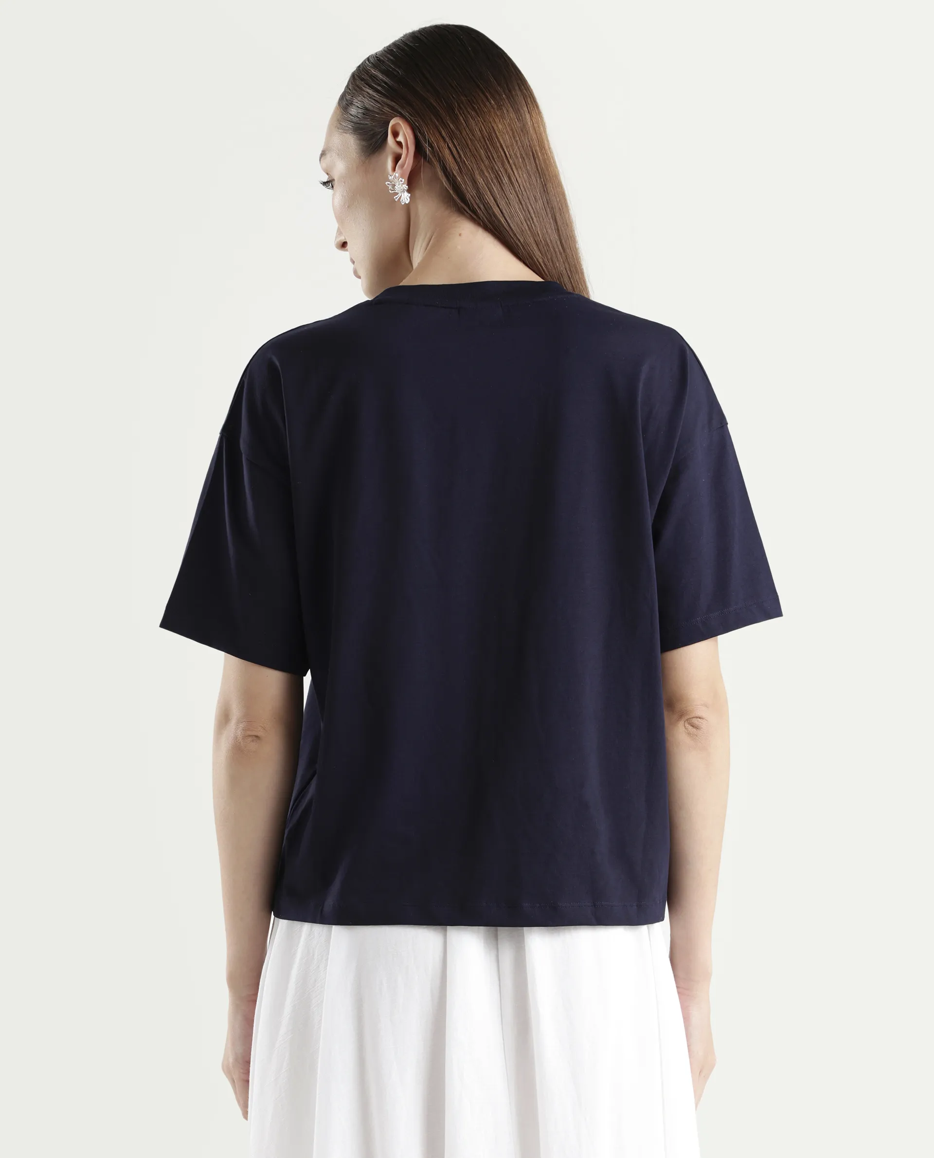 Rareism Women's Zadil Navy Cotton Blend Half Sleeve Boxy Plain T-Shirt - Image 7