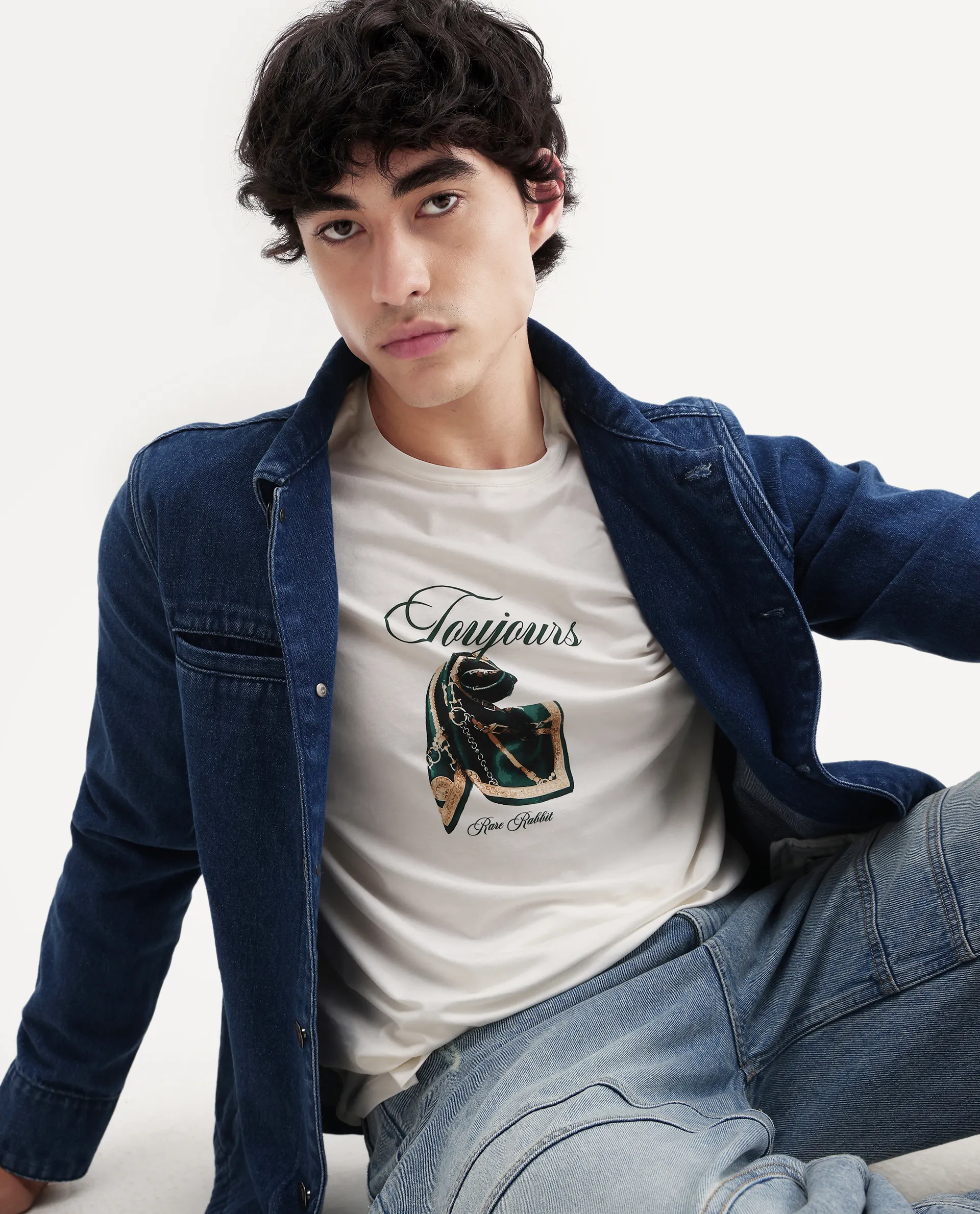 Rare Rabbit Men's Zaf Off White Cotton Blend Fabric Crew Neck Regular Fit Graphic Print T-Shirt - Image 2