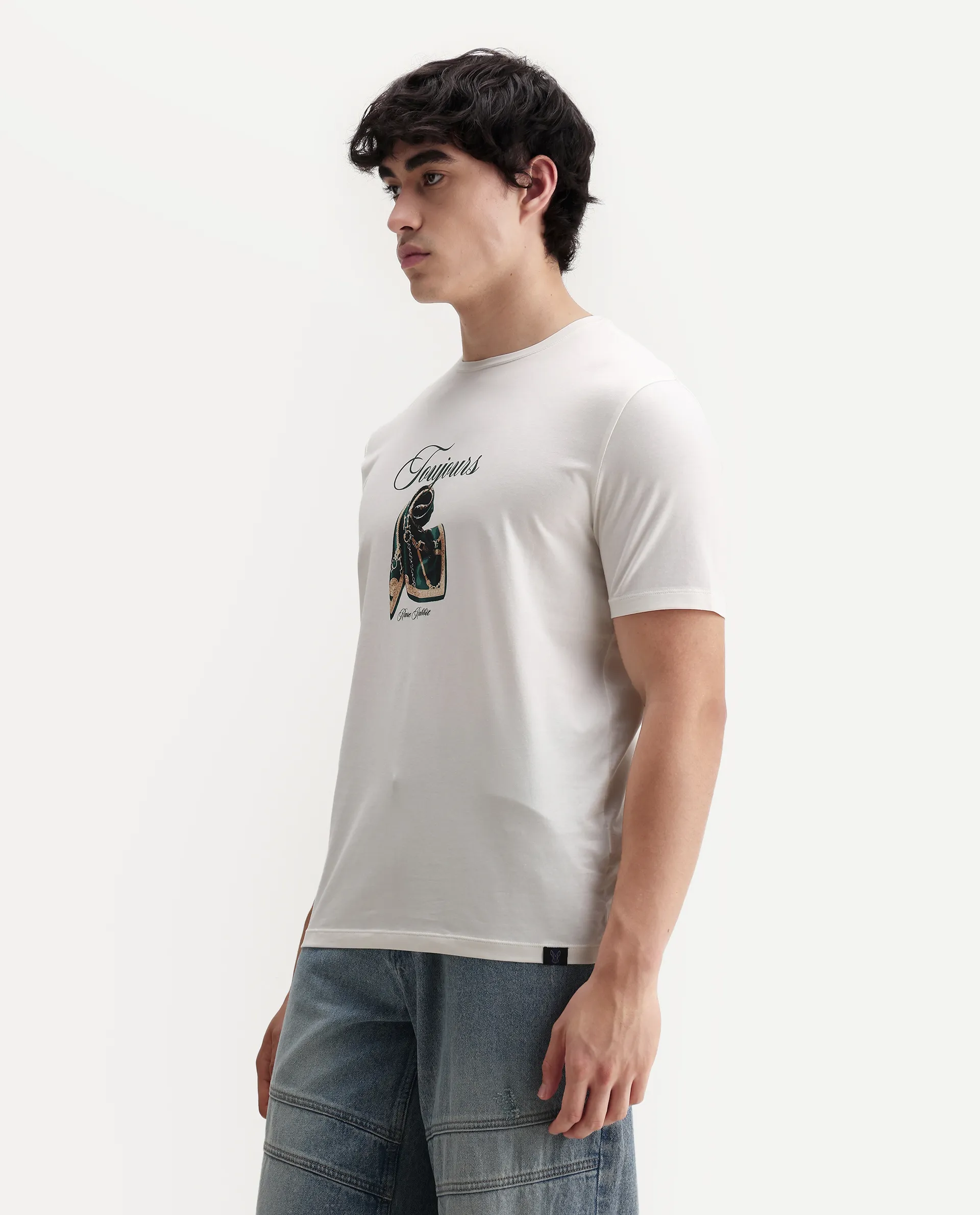 Rare Rabbit Men's Zaf Off White Cotton Blend Fabric Crew Neck Regular Fit Graphic Print T-Shirt - Image 5