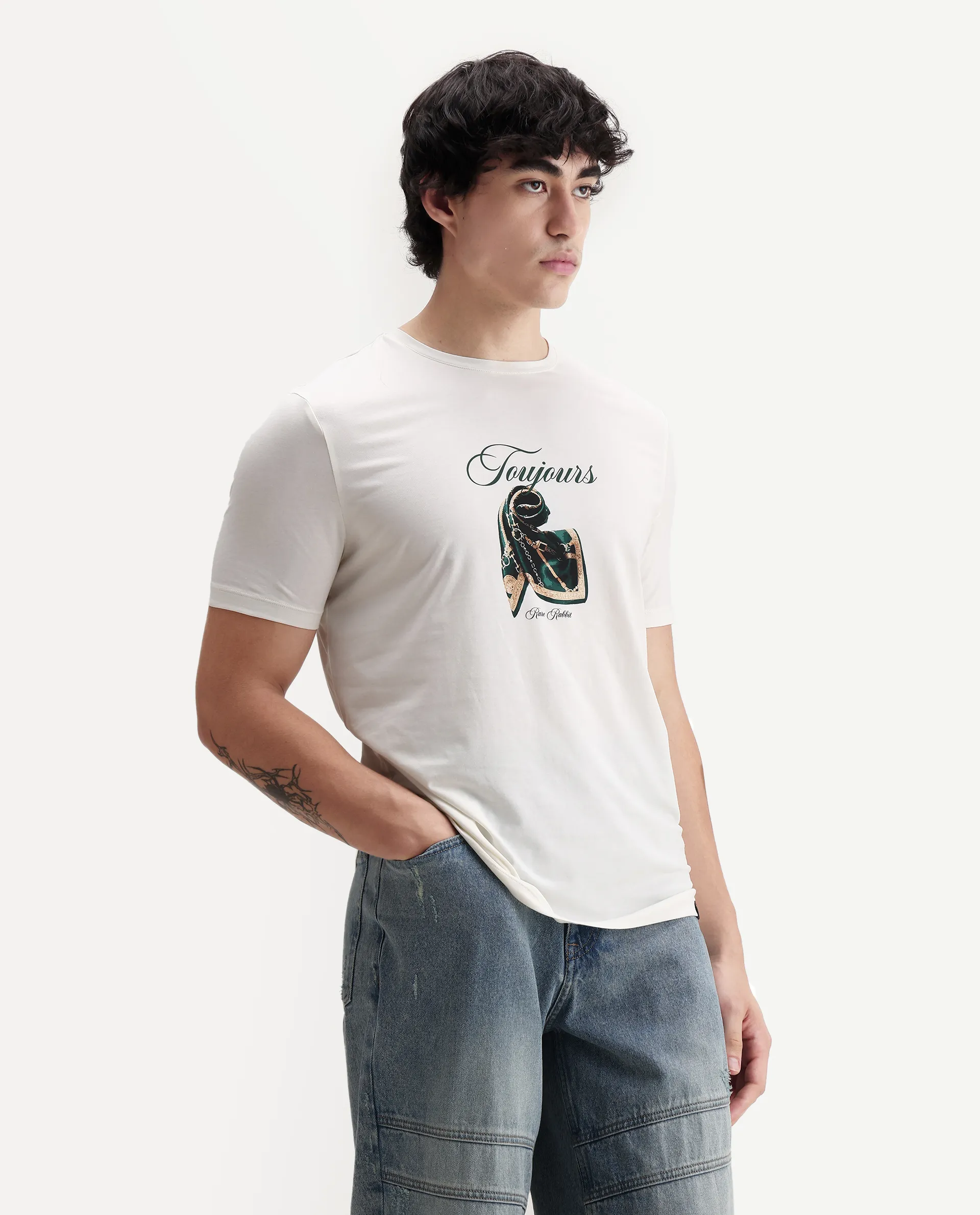 Rare Rabbit Men's Zaf Off White Cotton Blend Fabric Crew Neck Regular Fit Graphic Print T-Shirt - Image 7
