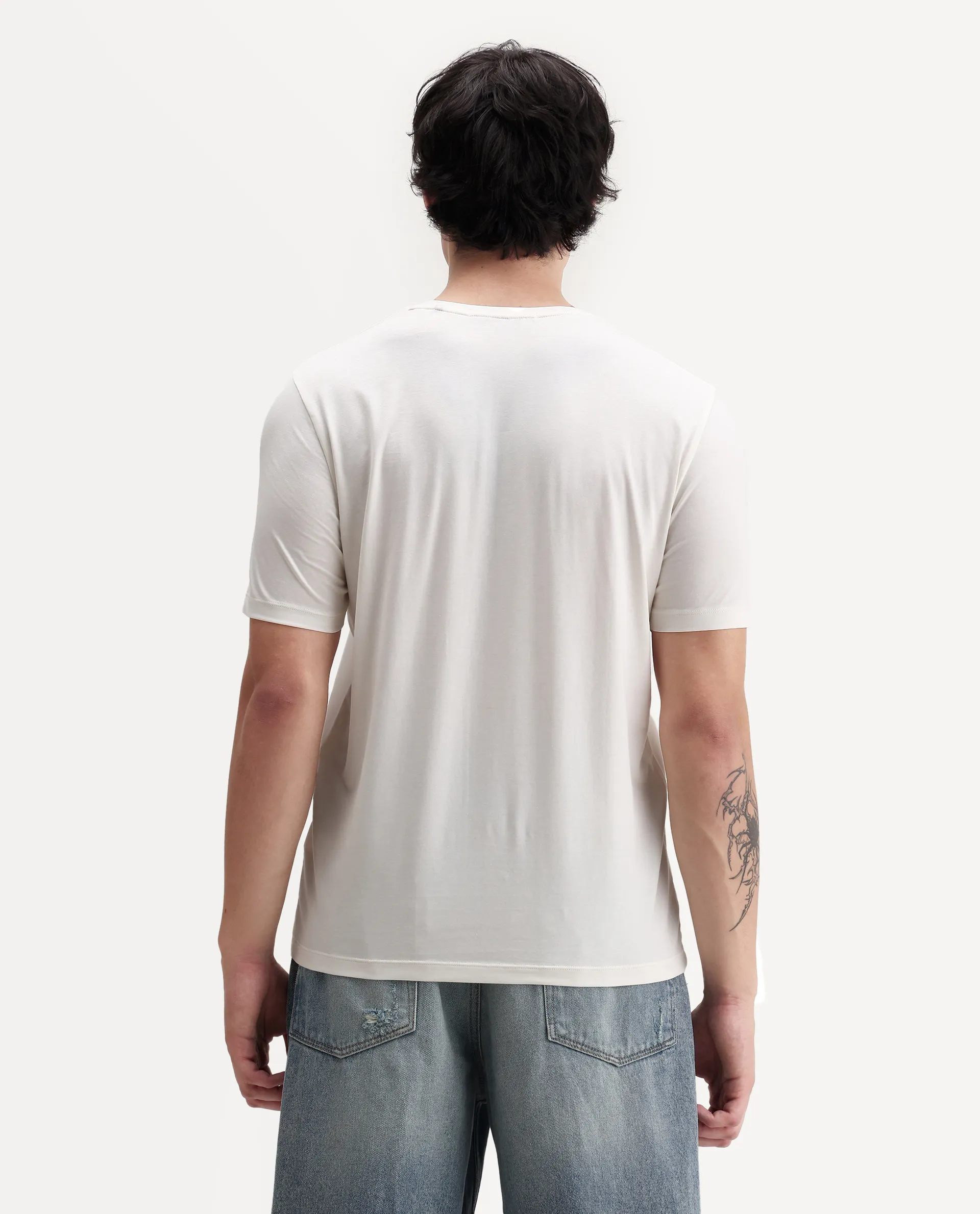Rare Rabbit Men's Zaf Off White Cotton Blend Fabric Crew Neck Regular Fit Graphic Print T-Shirt - Image 8