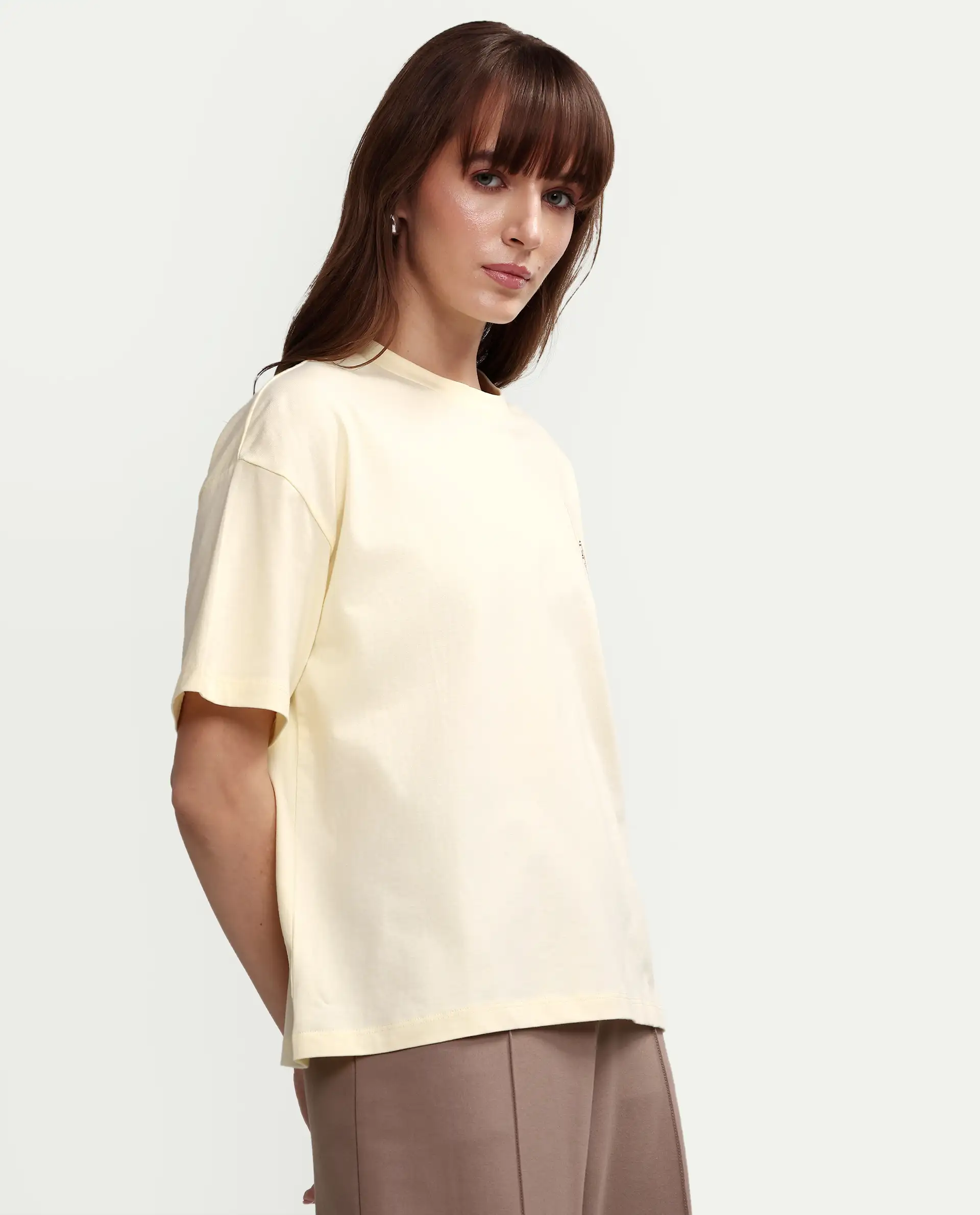 Rareism Women's Zaf Light Yellow Cotton Half Sleeve Boxy Plain T-Shirt - Image 6