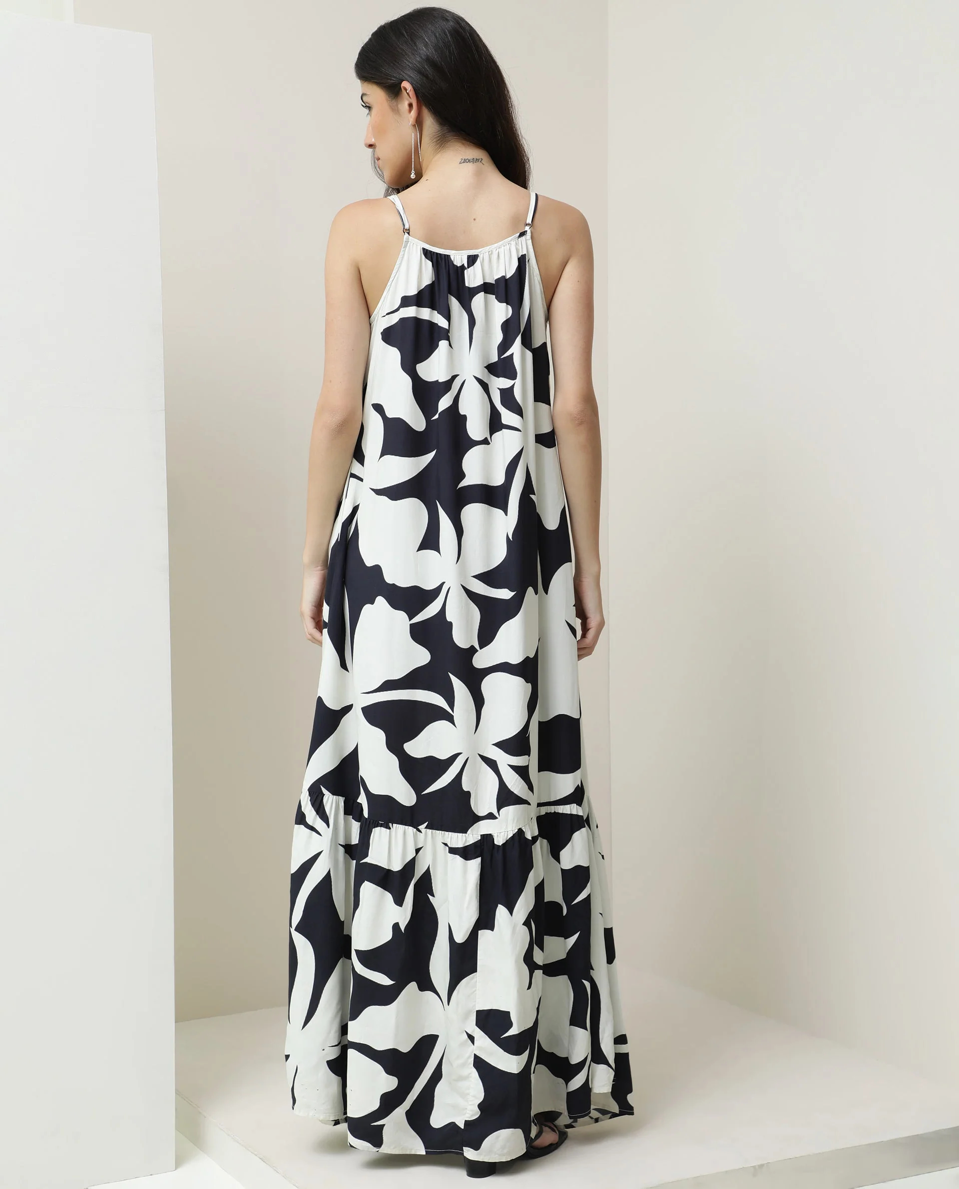 Rareism Women's Zahara Black Viscose Shoulder Strap Floral Print Shoulder Strap Knee Length Regular Fit Dress - Image 12
