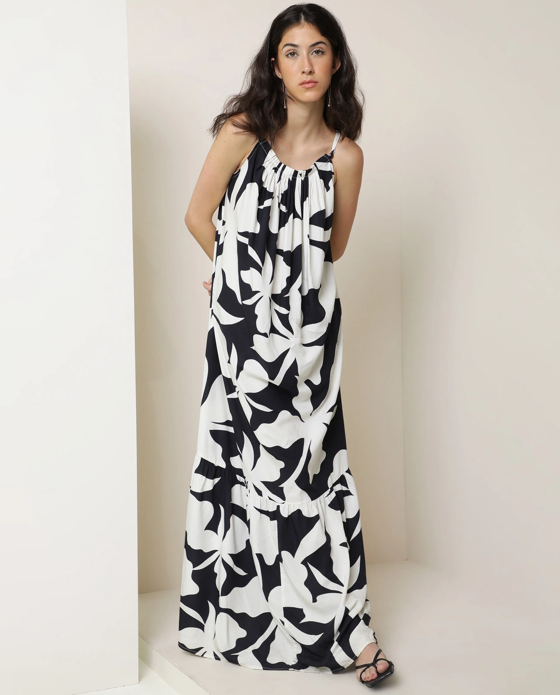 Rareism Women's Zahara Black Viscose Shoulder Strap Floral Print Shoulder Strap Knee Length Regular Fit Dress - Image 5