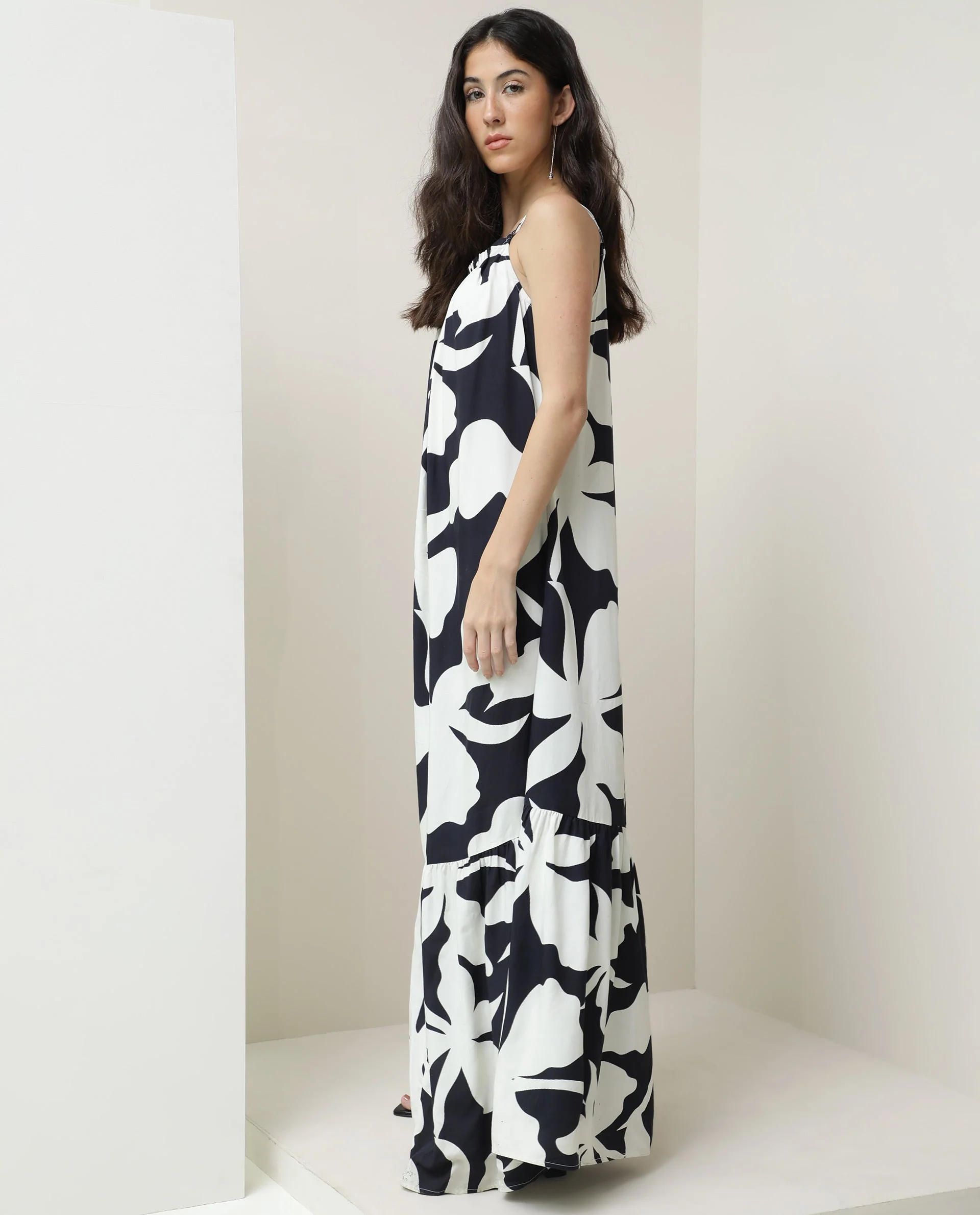 Rareism Women's Zahara Black Viscose Shoulder Strap Floral Print Shoulder Strap Knee Length Regular Fit Dress - Image 6