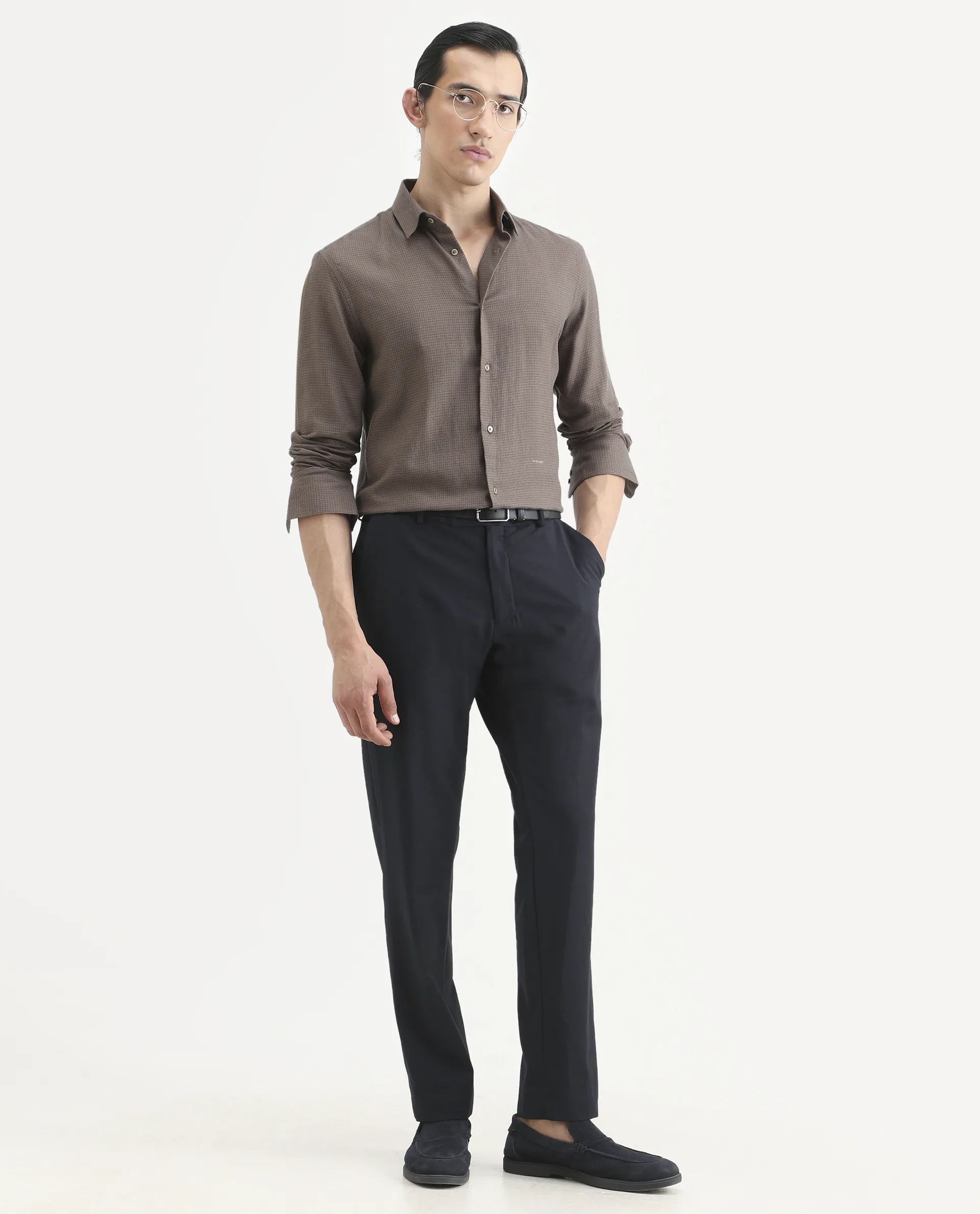 Rare Rabbit Men's Zail Brown Cotton Fabric Spread Collar Regular Fit Textured Shirt - Image 2