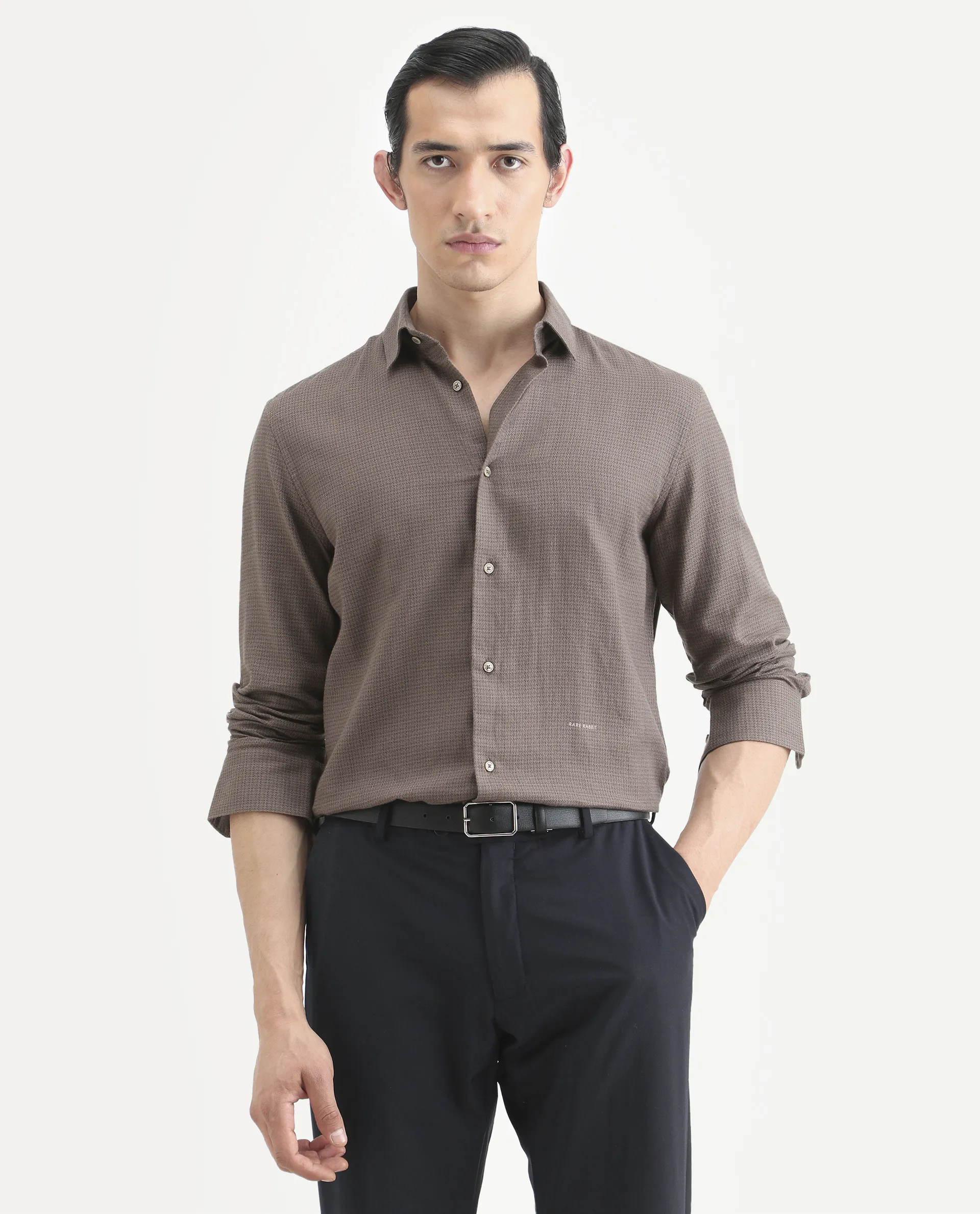 Rare Rabbit Men's Zail Brown Cotton Fabric Spread Collar Regular Fit Textured Shirt - Image 3