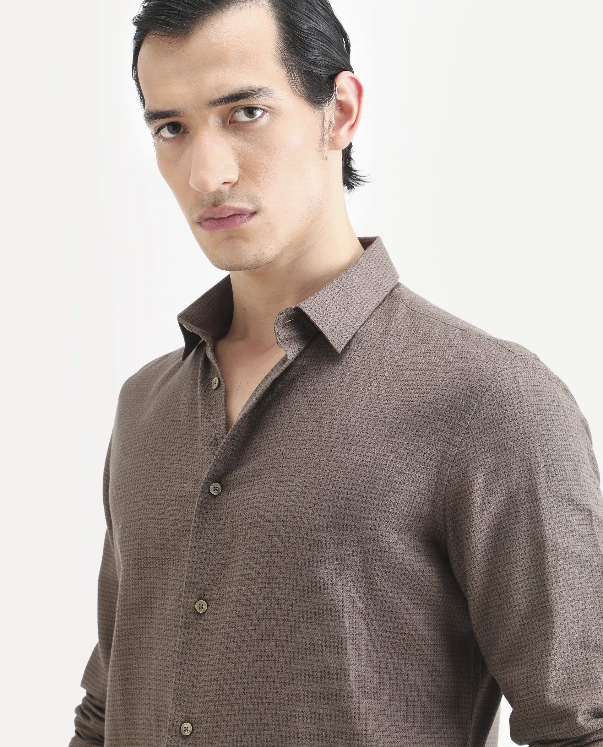 Rare Rabbit Men's Zail Brown Cotton Fabric Spread Collar Regular Fit Textured Shirt - Image 4