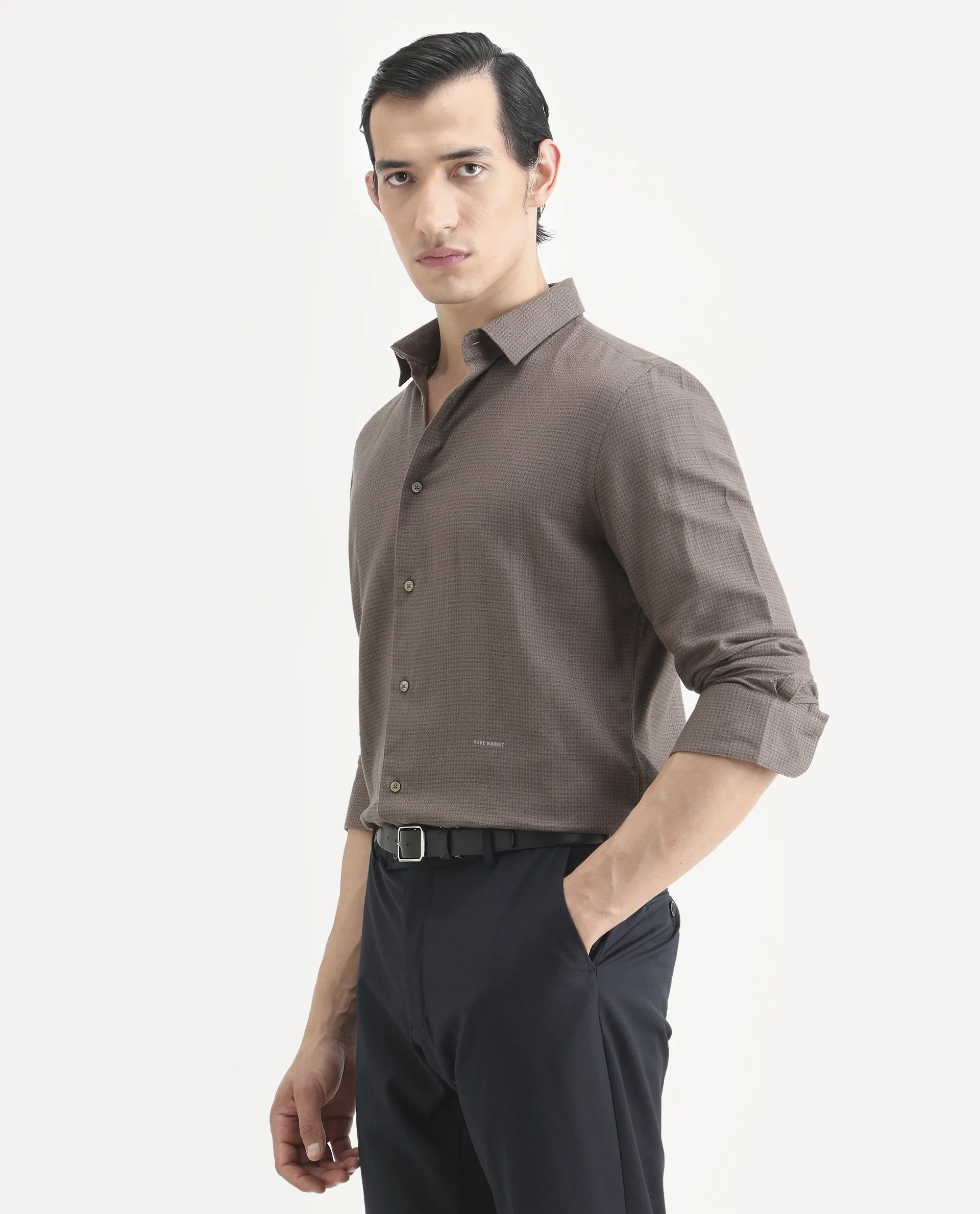 Rare Rabbit Men's Zail Brown Cotton Fabric Spread Collar Regular Fit Textured Shirt - Image 6
