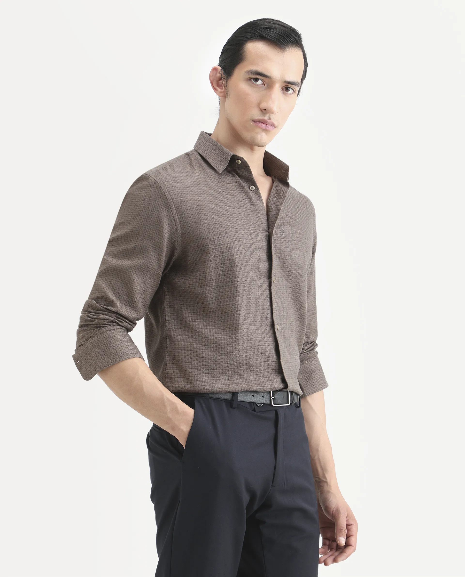 Rare Rabbit Men's Zail Brown Cotton Fabric Spread Collar Regular Fit Textured Shirt - Image 7