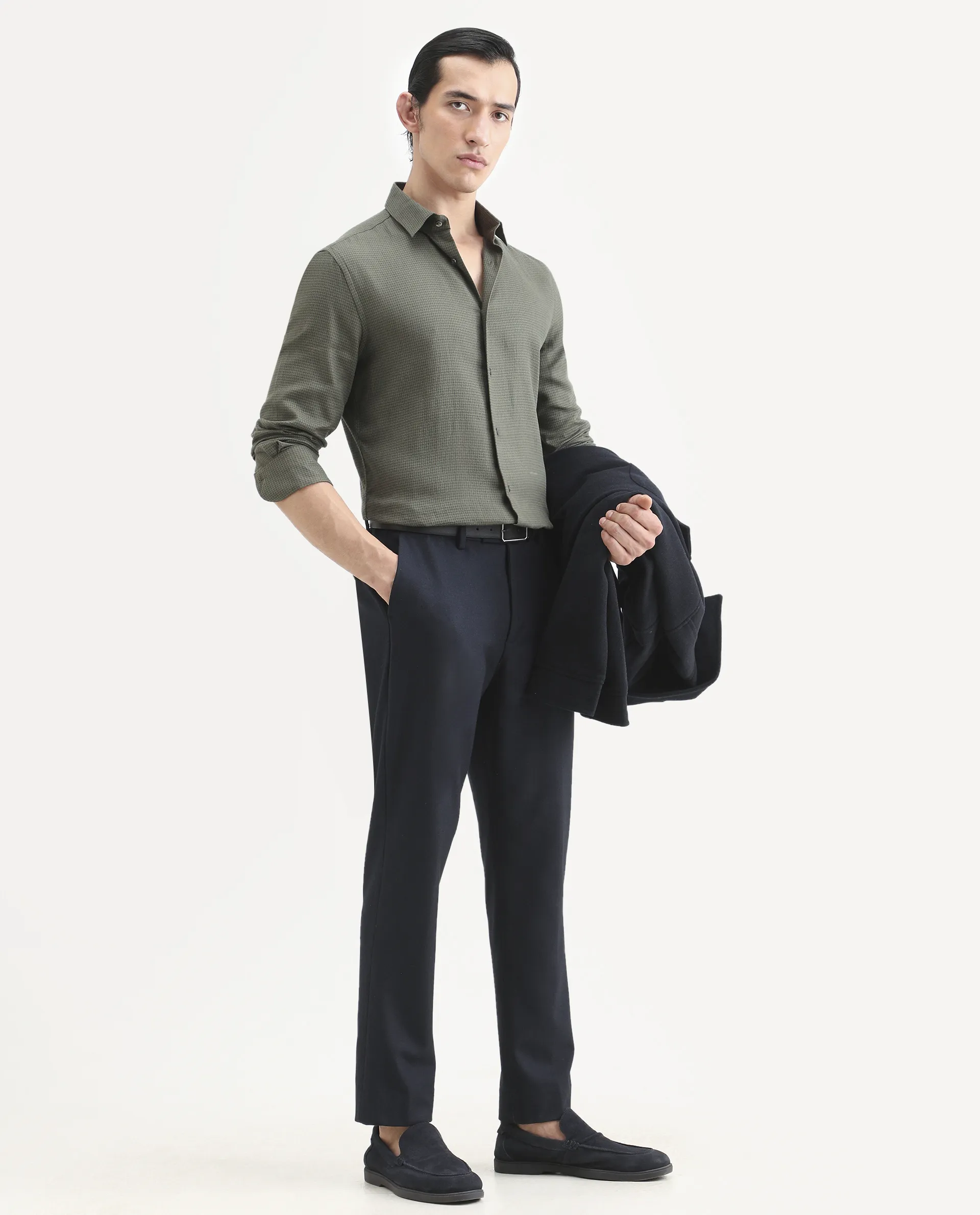 Rare Rabbit Men's Zail Green Cotton Fabric Spread Collar Regular Fit Textured Shirt - Image 2