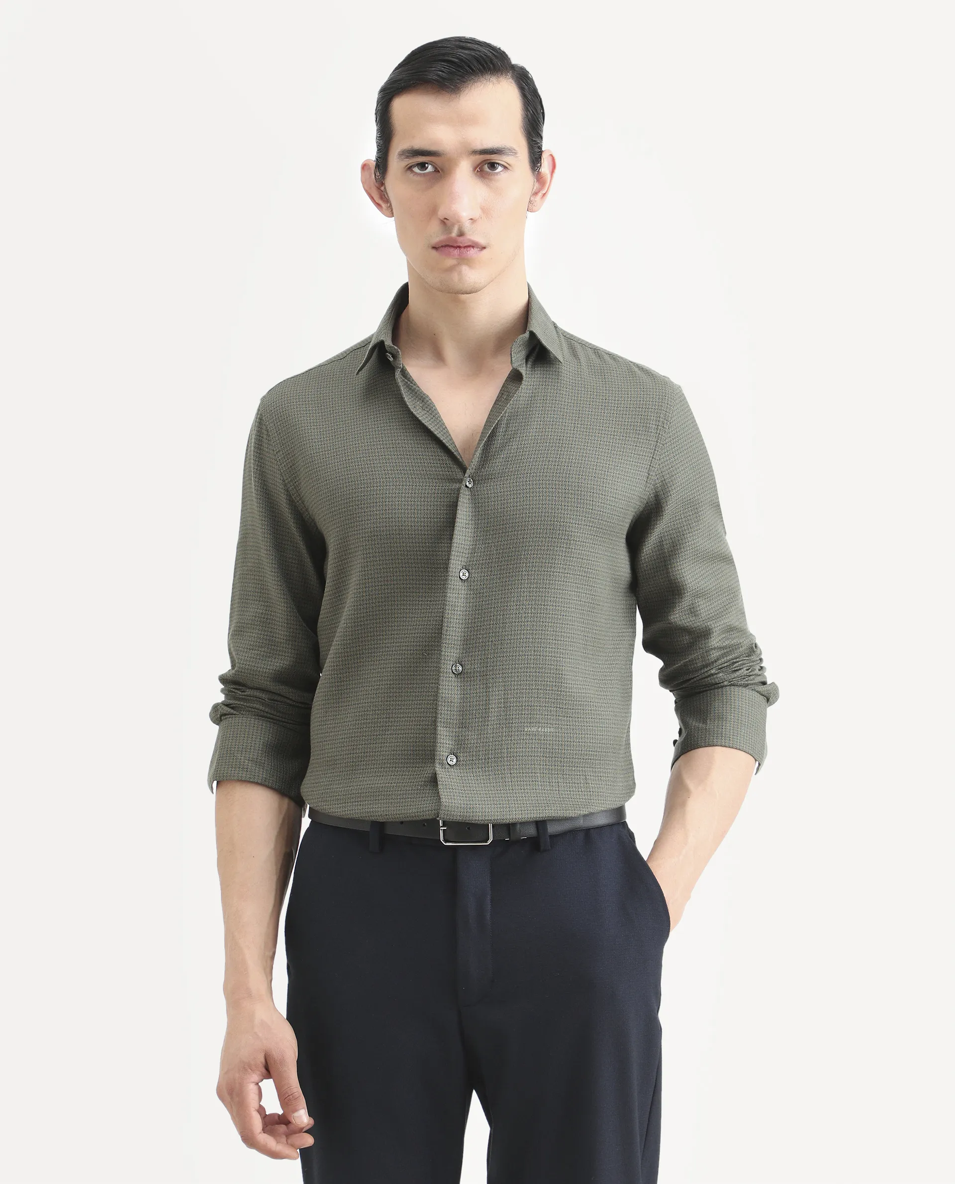 Rare Rabbit Men's Zail Green Cotton Fabric Spread Collar Regular Fit Textured Shirt - Image 3