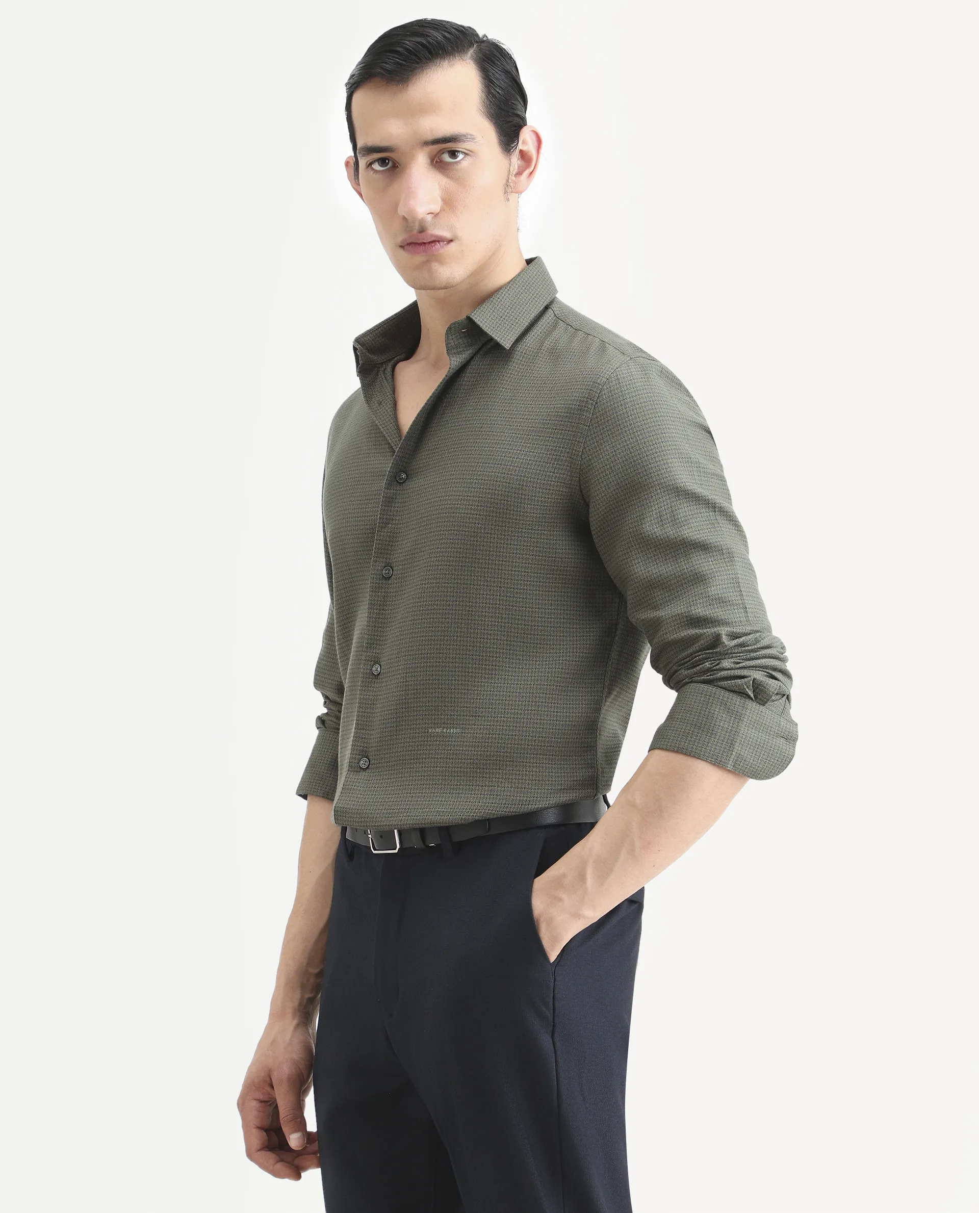 Rare Rabbit Men's Zail Green Cotton Fabric Spread Collar Regular Fit Textured Shirt - Image 5