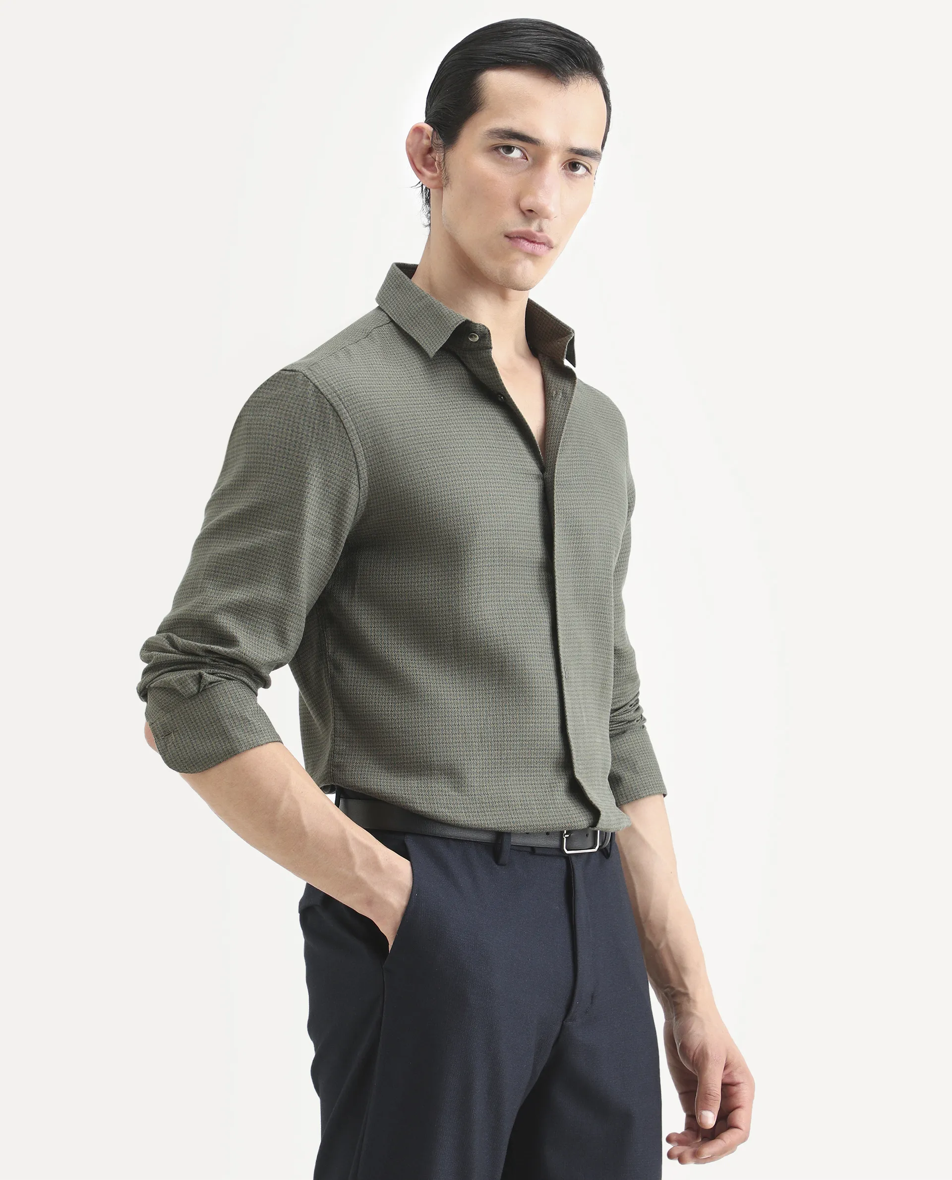Rare Rabbit Men's Zail Green Cotton Fabric Spread Collar Regular Fit Textured Shirt - Image 6