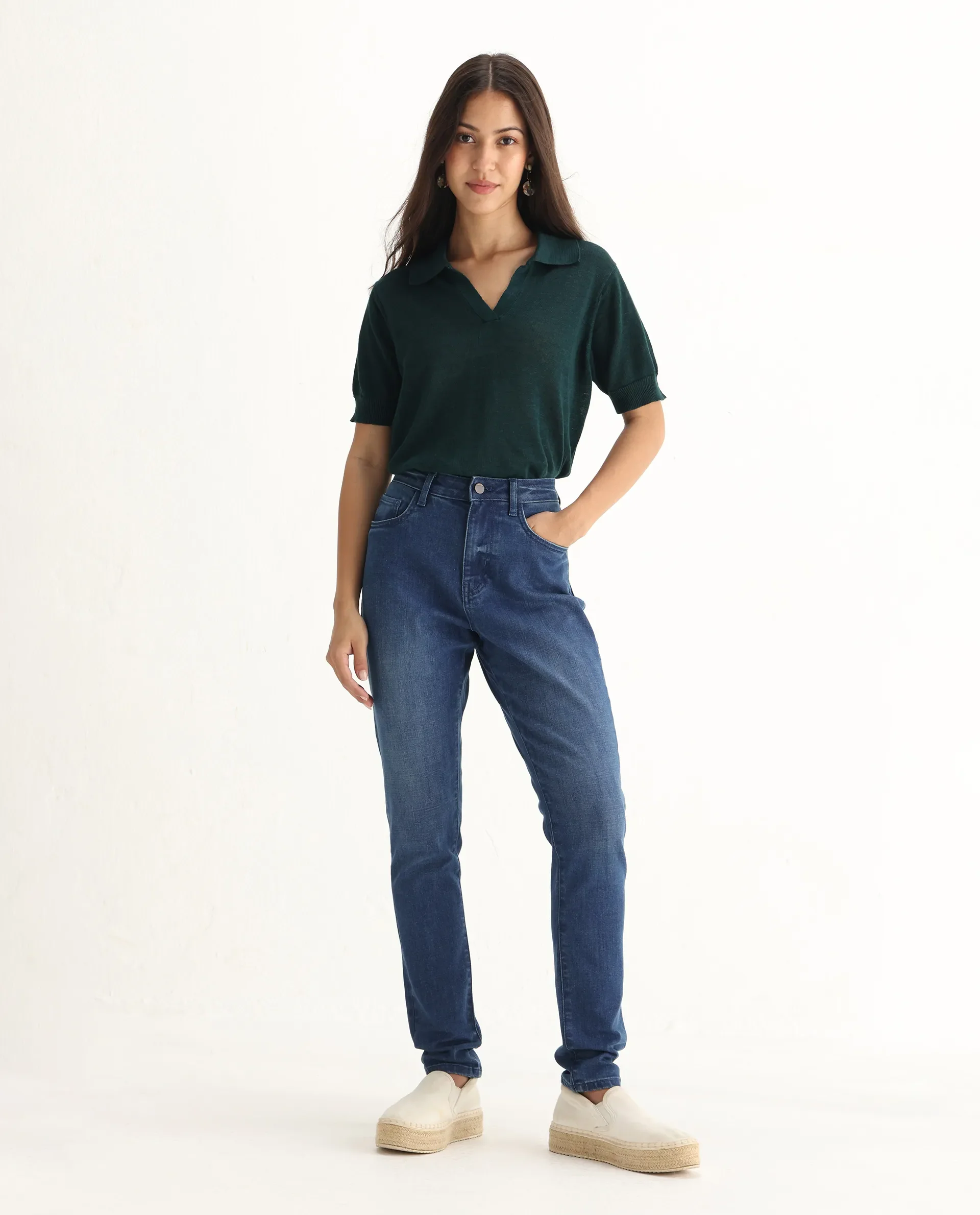 Rareism Women's Zaisho Blue Cotton Blend Plain Ankle Length Sleek Skinny Fit Jeans - Image 5