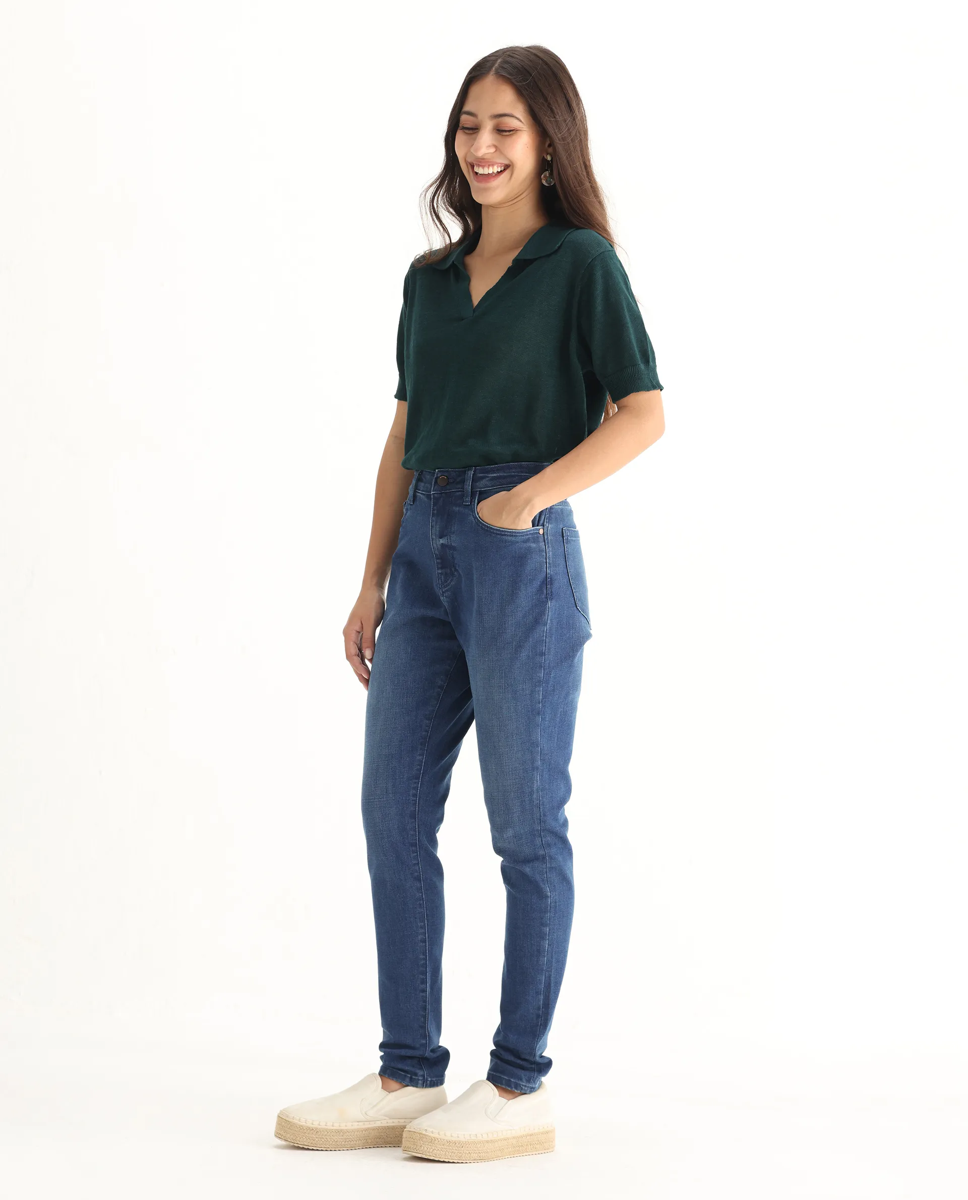 Rareism Women's Zaisho Blue Cotton Blend Plain Ankle Length Sleek Skinny Fit Jeans - Image 6