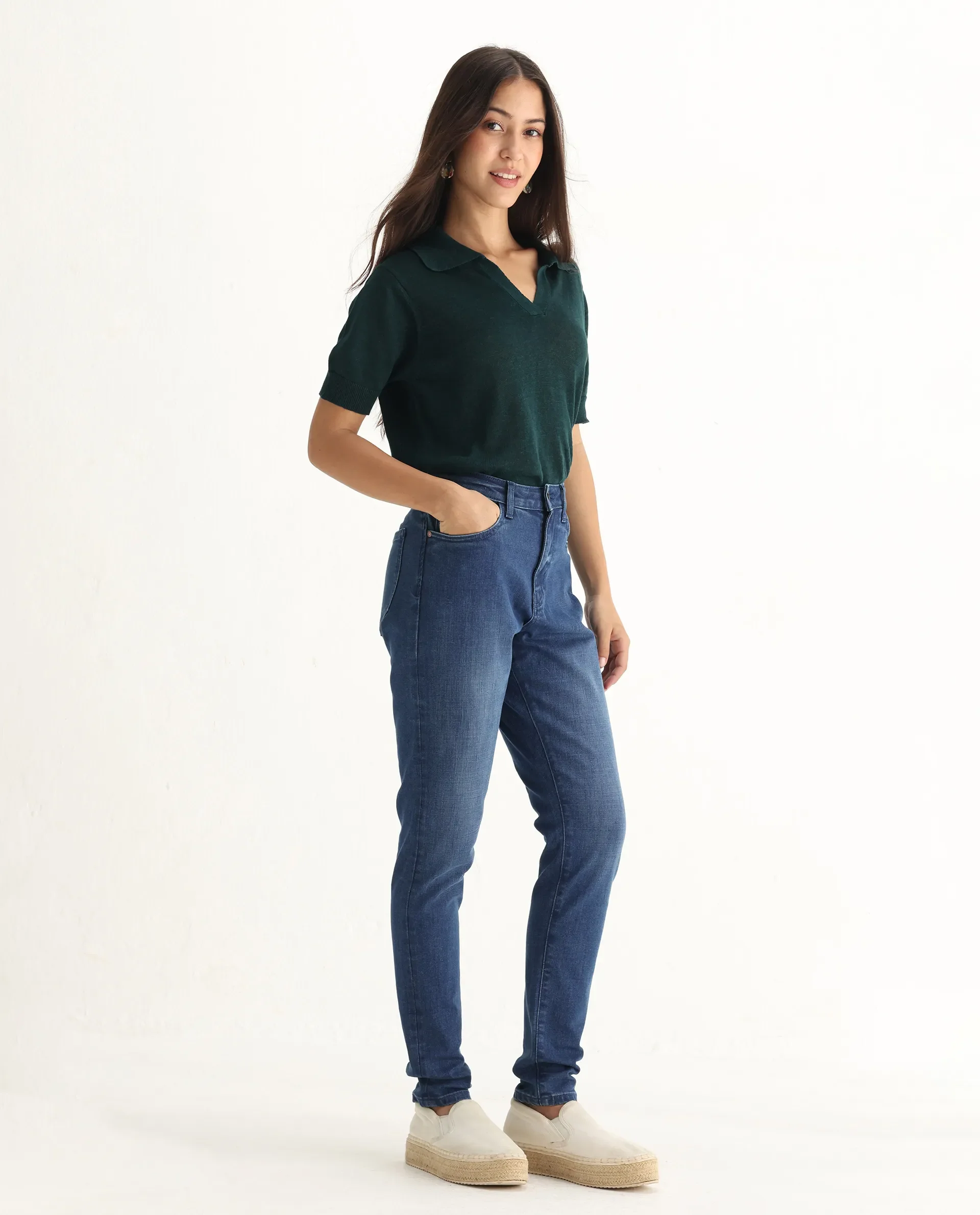Rareism Women's Zaisho Blue Cotton Blend Plain Ankle Length Sleek Skinny Fit Jeans - Image 7