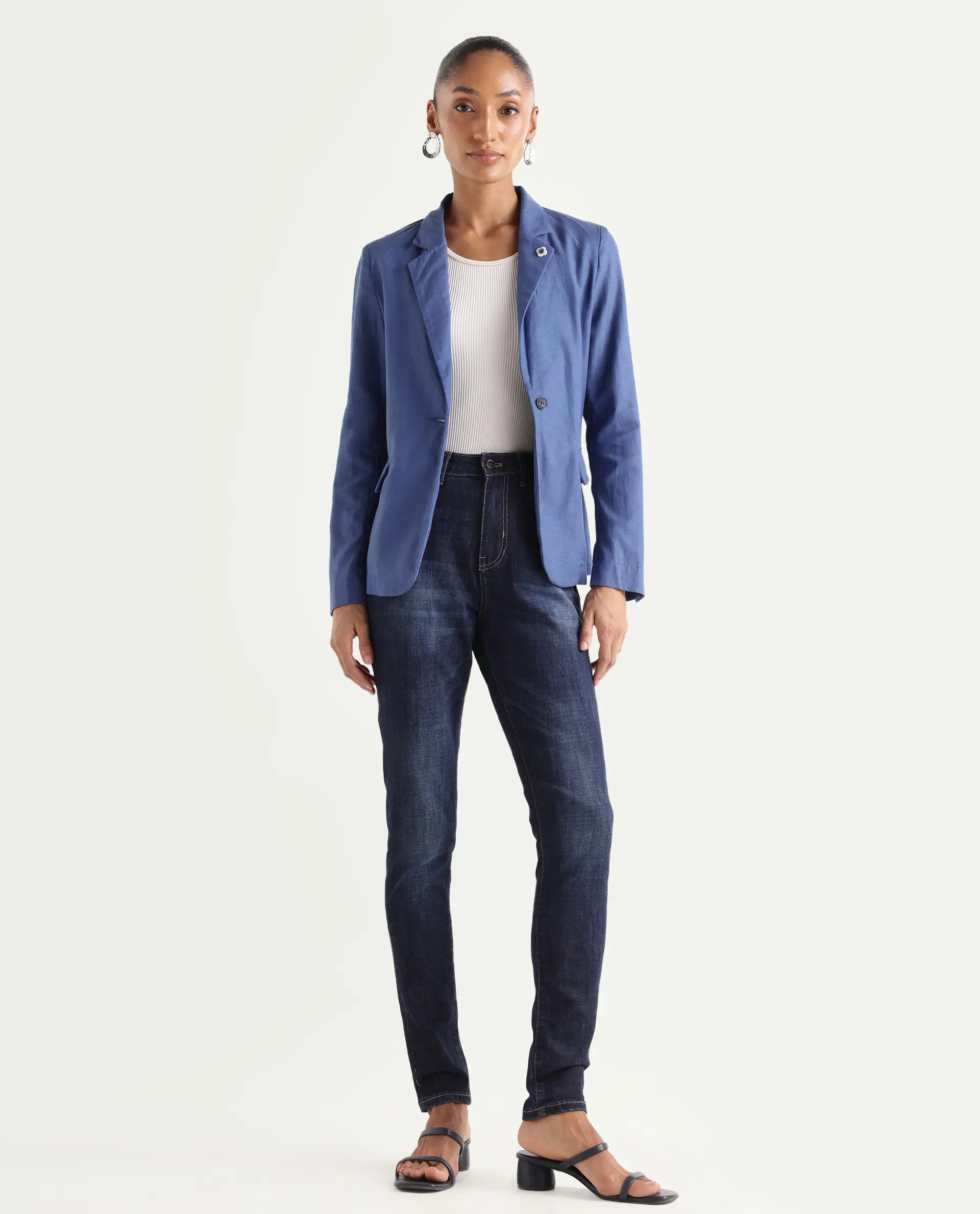 Rareism Women's Zaisho Dark Blue Cotton Blend Plain Ankle Length Sleek Skinny Fit Jeans