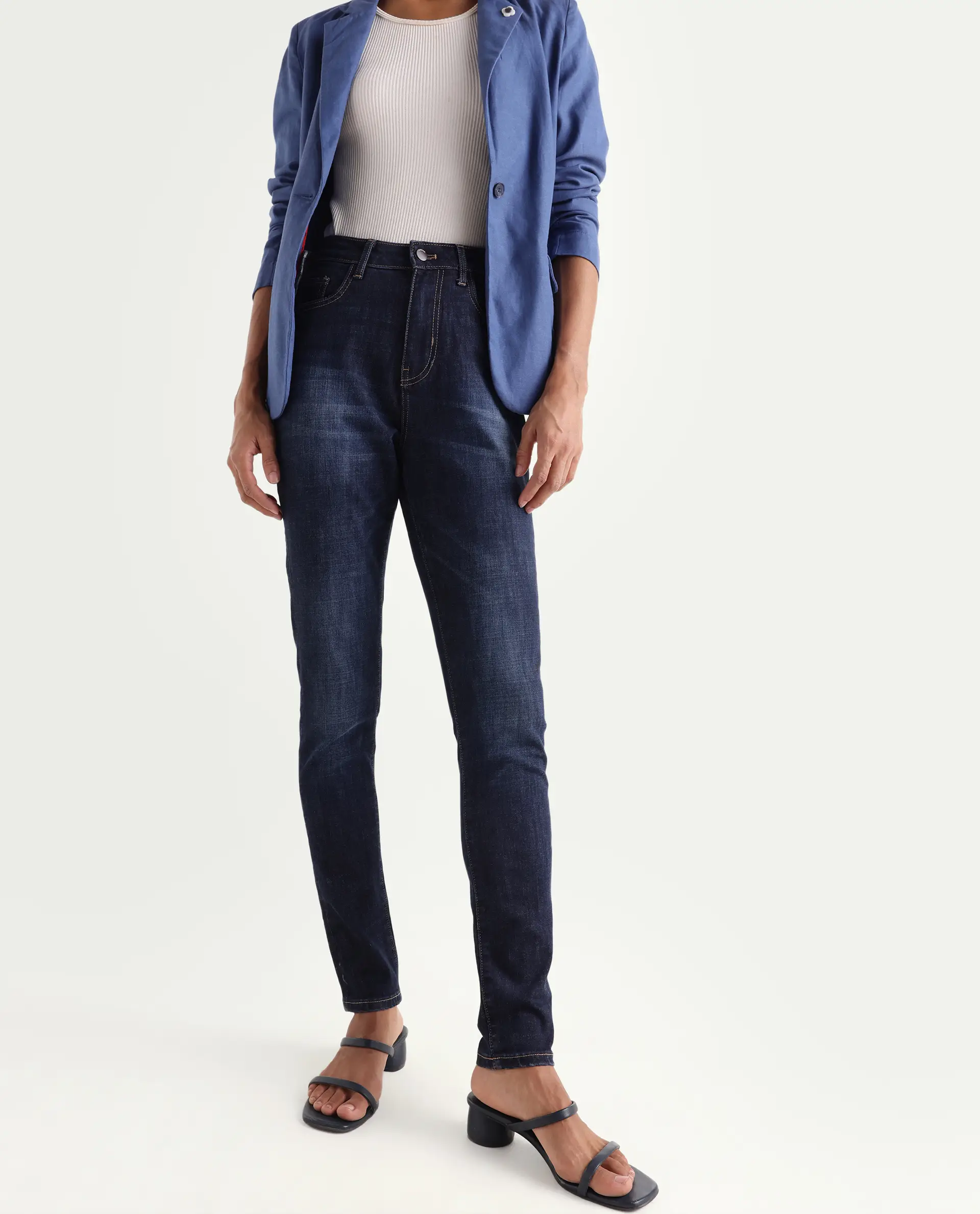 Rareism Women's Zaisho Dark Blue Cotton Blend Plain Ankle Length Sleek Skinny Fit Jeans - Image 2