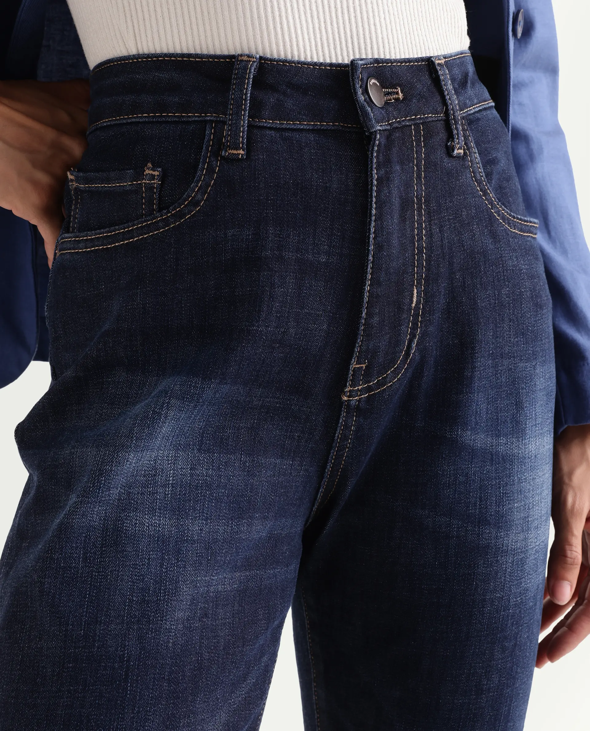 Rareism Women's Zaisho Dark Blue Cotton Blend Plain Ankle Length Sleek Skinny Fit Jeans - Image 3