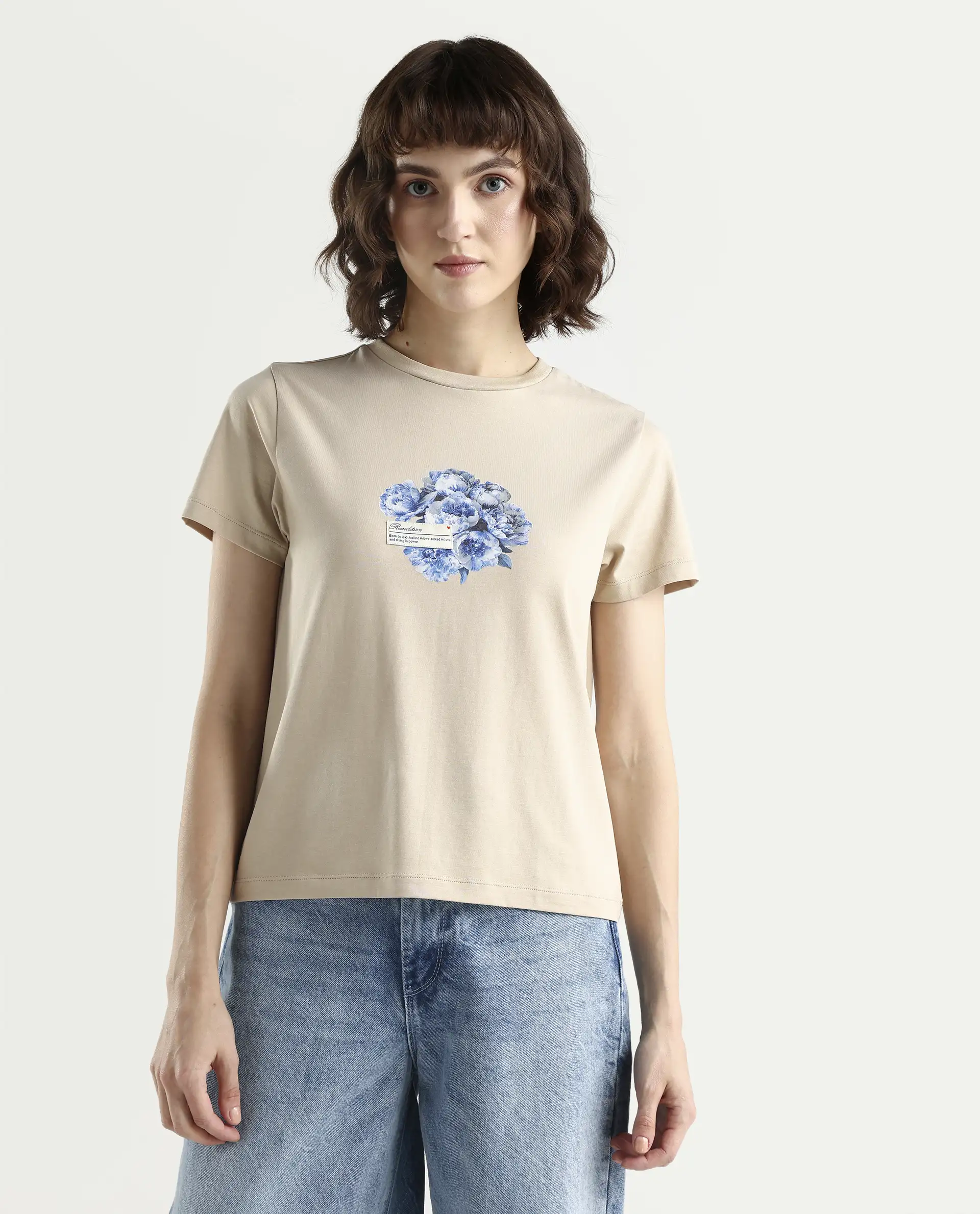 Rareism Women's Zak Beige Cotton Blend Half Sleeve Regular Fit Badge Print T-Shirt - Image 3