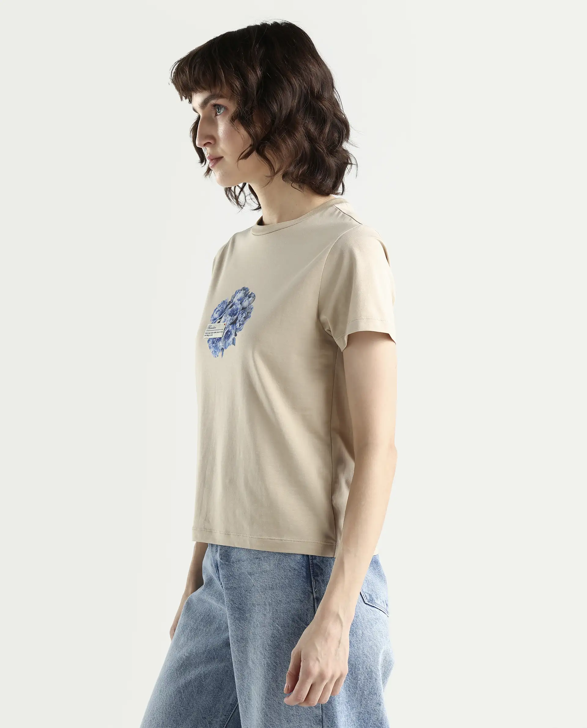Rareism Women's Zak Beige Cotton Blend Half Sleeve Regular Fit Badge Print T-Shirt - Image 5