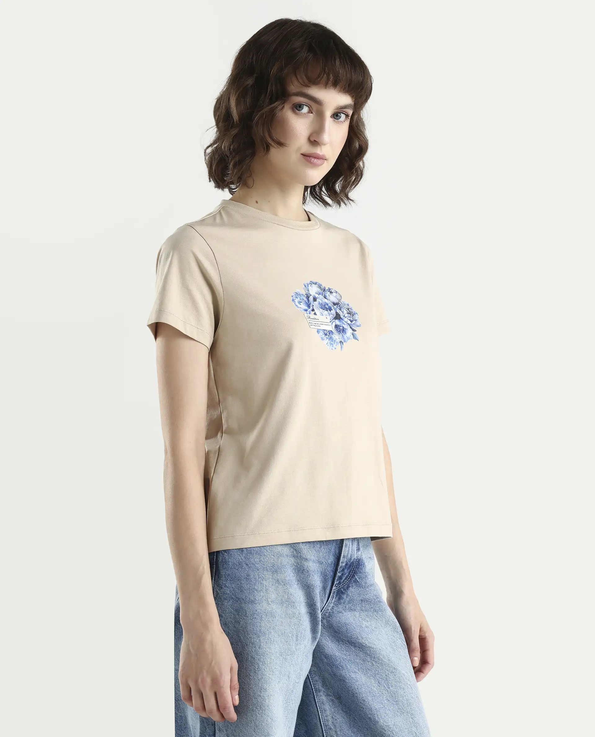 Rareism Women's Zak Beige Cotton Blend Half Sleeve Regular Fit Badge Print T-Shirt - Image 6